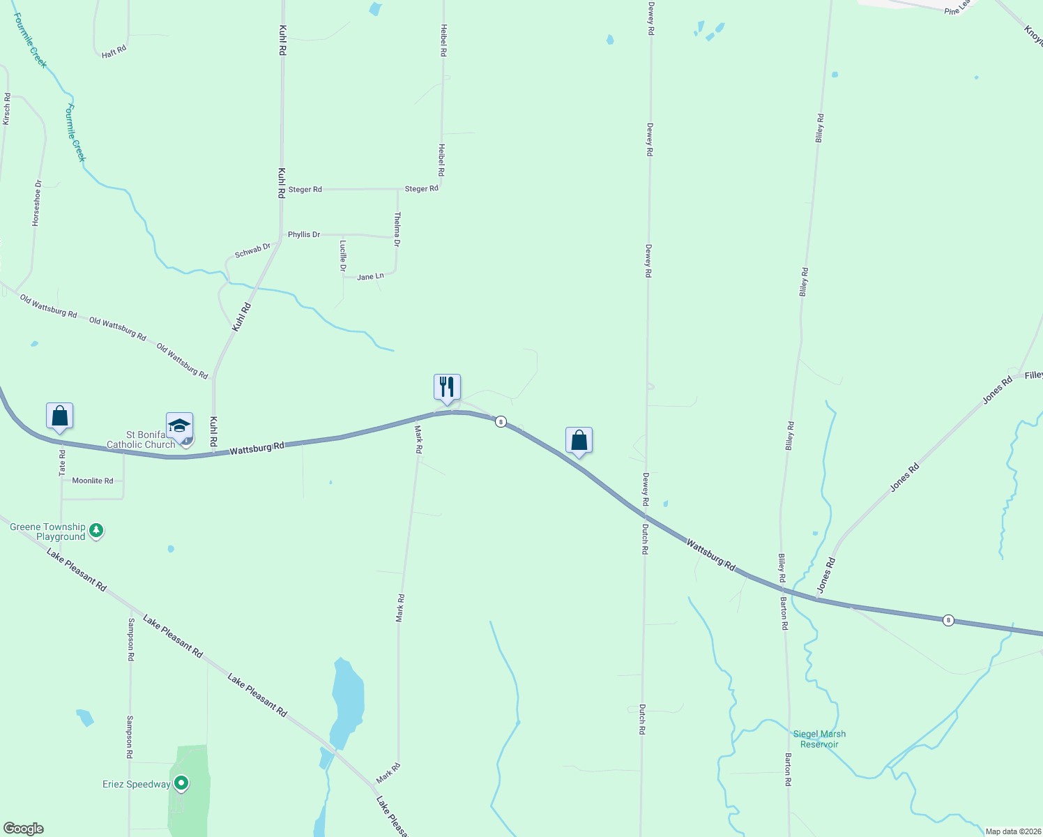 map of restaurants, bars, coffee shops, grocery stores, and more near 9757 Wattsburg Road in Erie