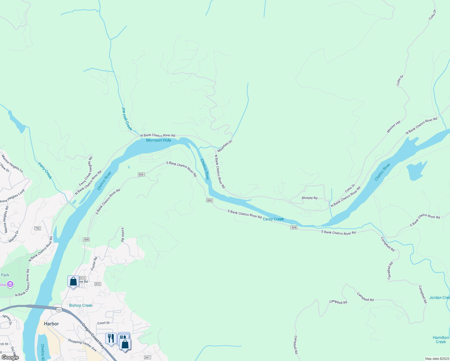 map of restaurants, bars, coffee shops, grocery stores, and more near 98450 North Bank Chetco River Road in Brookings