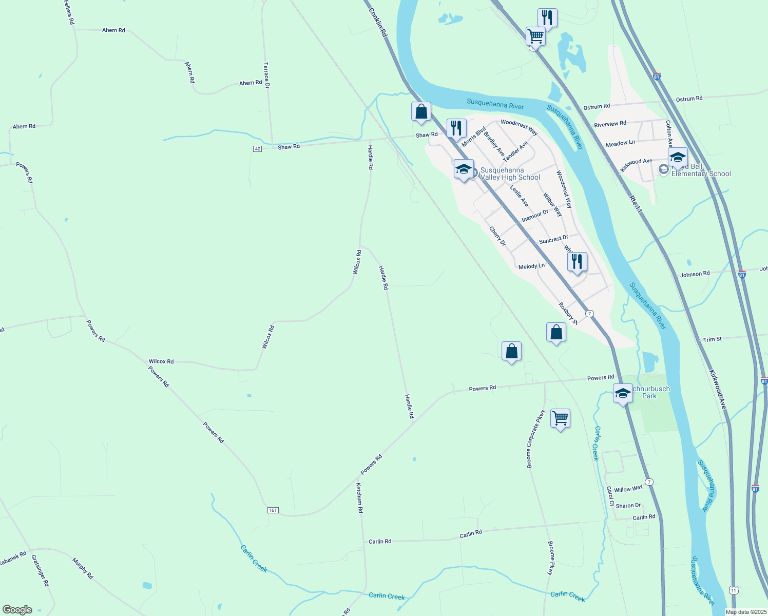map of restaurants, bars, coffee shops, grocery stores, and more near 109 Hardie Road in Conklin