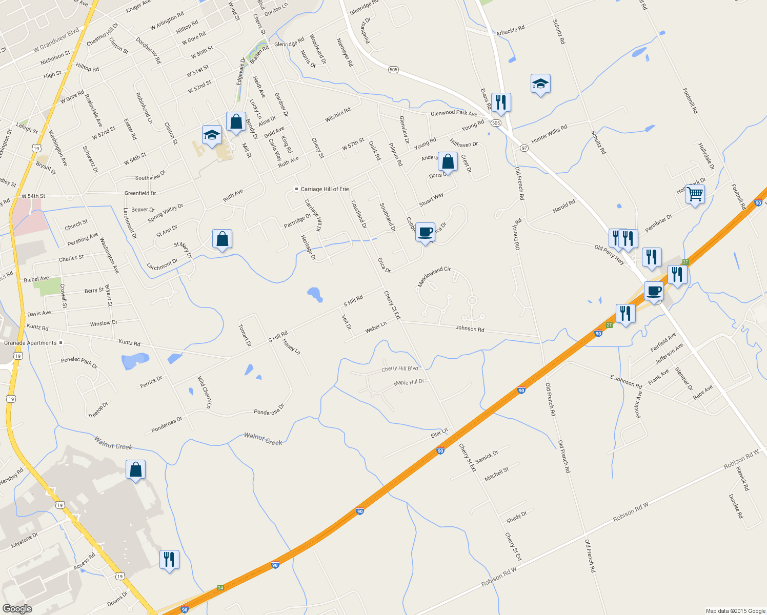 map of restaurants, bars, coffee shops, grocery stores, and more near 6450 Cherry Street Ext in Erie
