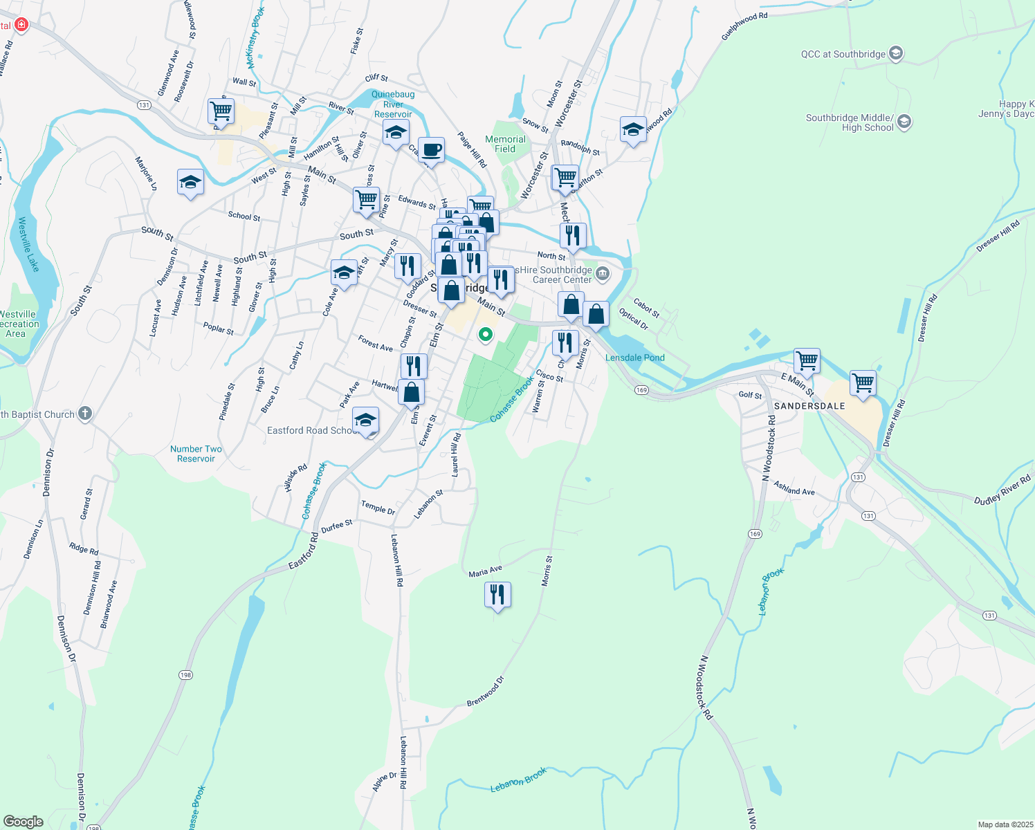 map of restaurants, bars, coffee shops, grocery stores, and more near 54 Roger Street in Southbridge