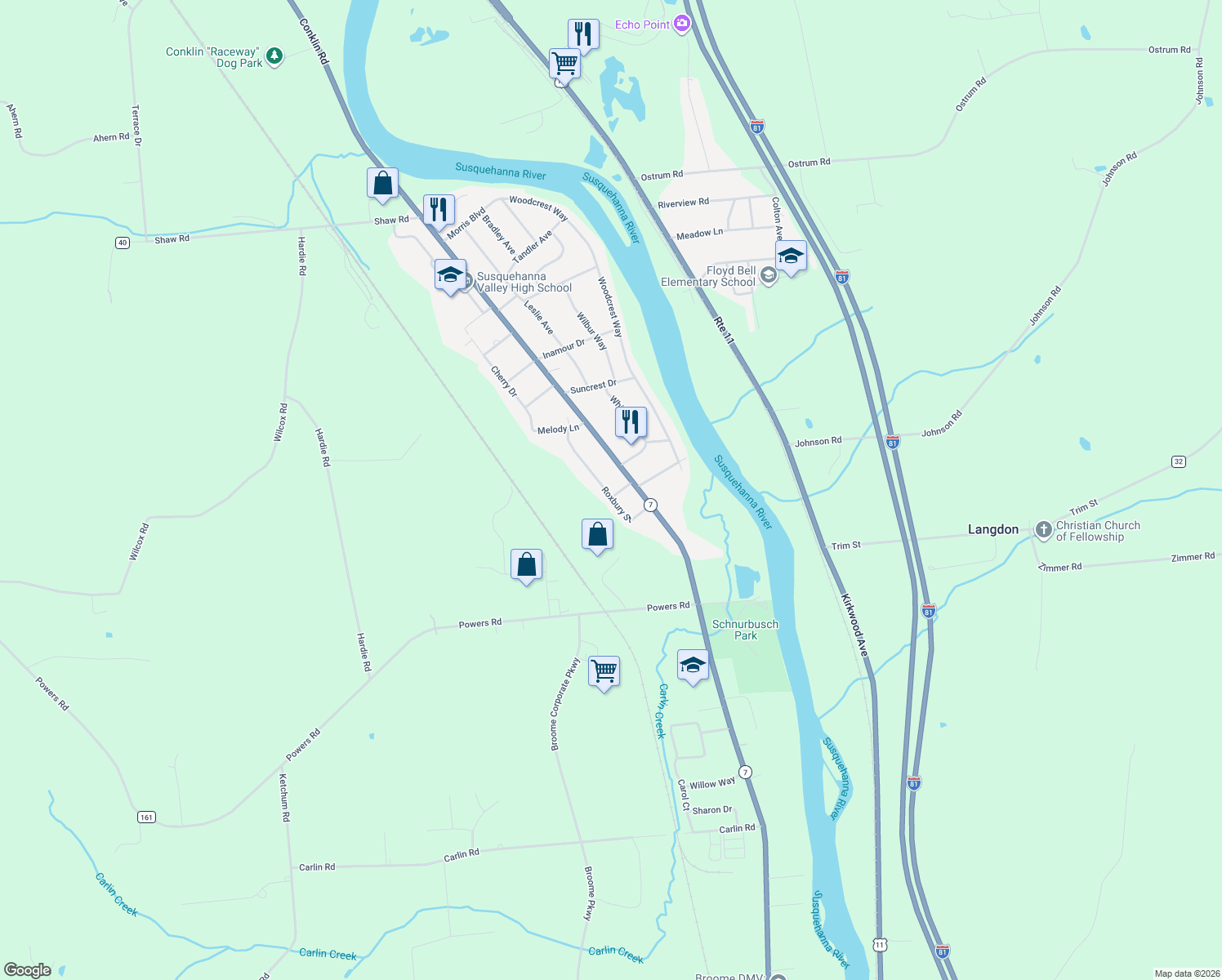 map of restaurants, bars, coffee shops, grocery stores, and more near 6 Stratford St in Conklin