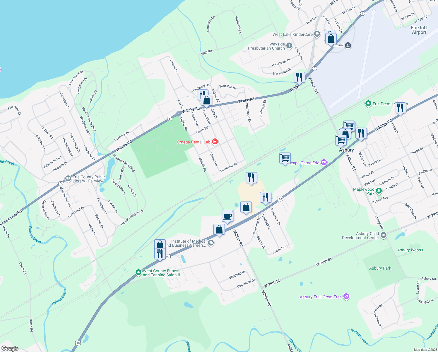 map of restaurants, bars, coffee shops, grocery stores, and more near 5505 Woodside Dr in Erie