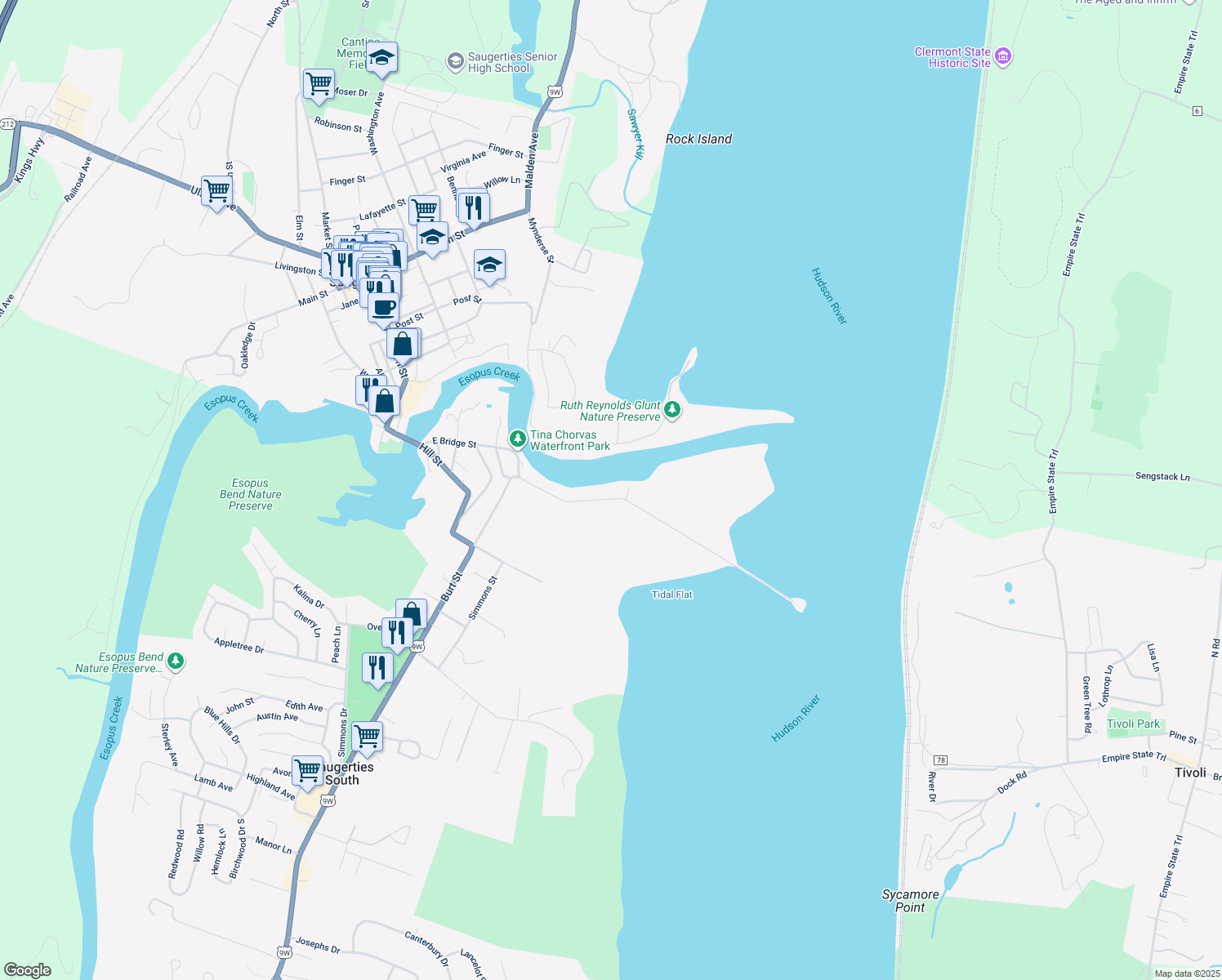 map of restaurants, bars, coffee shops, grocery stores, and more near 22 Ferry St in Saugerties