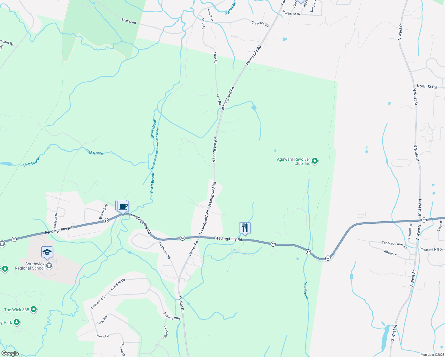 map of restaurants, bars, coffee shops, grocery stores, and more near 48 North Longyard Road in Southwick