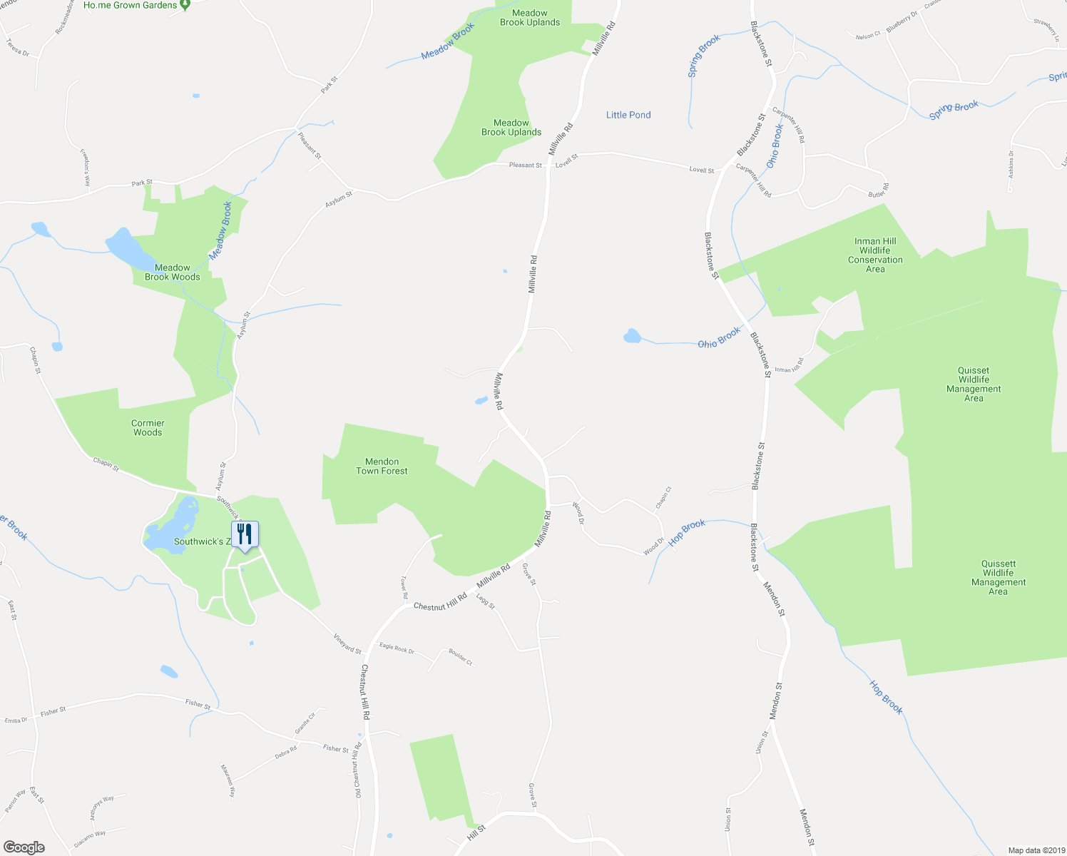 map of restaurants, bars, coffee shops, grocery stores, and more near 180 Millville Road in Mendon