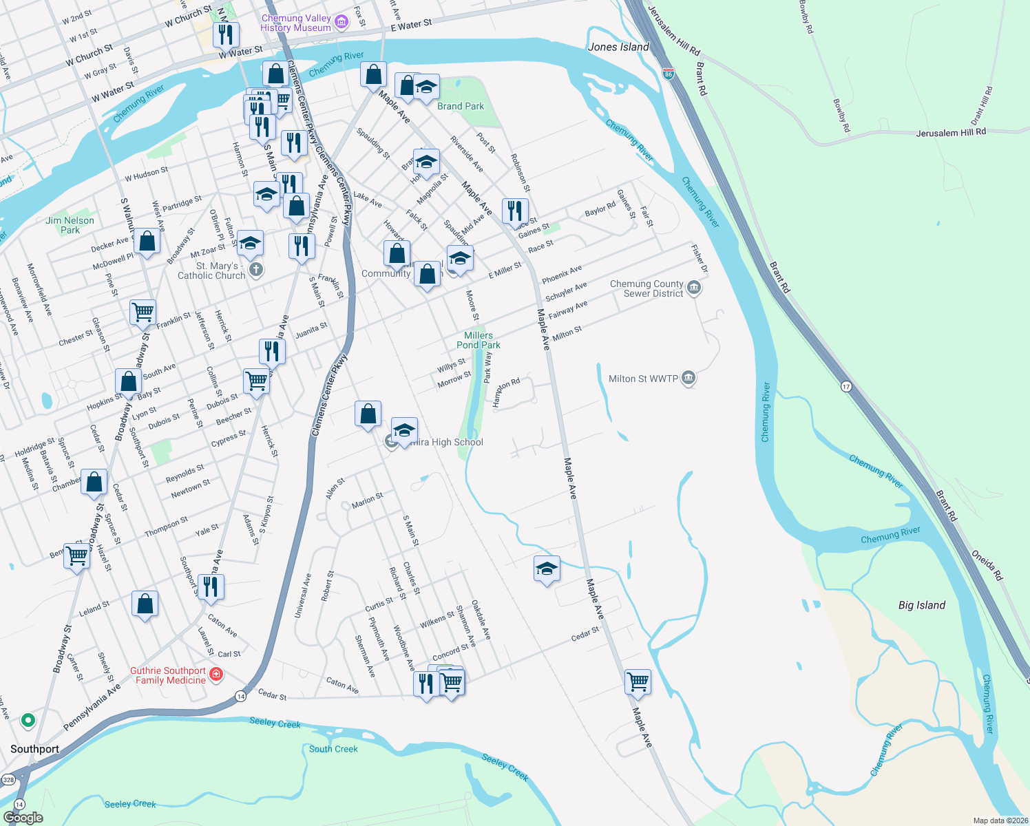 map of restaurants, bars, coffee shops, grocery stores, and more near 43 Hampton Road in Elmira