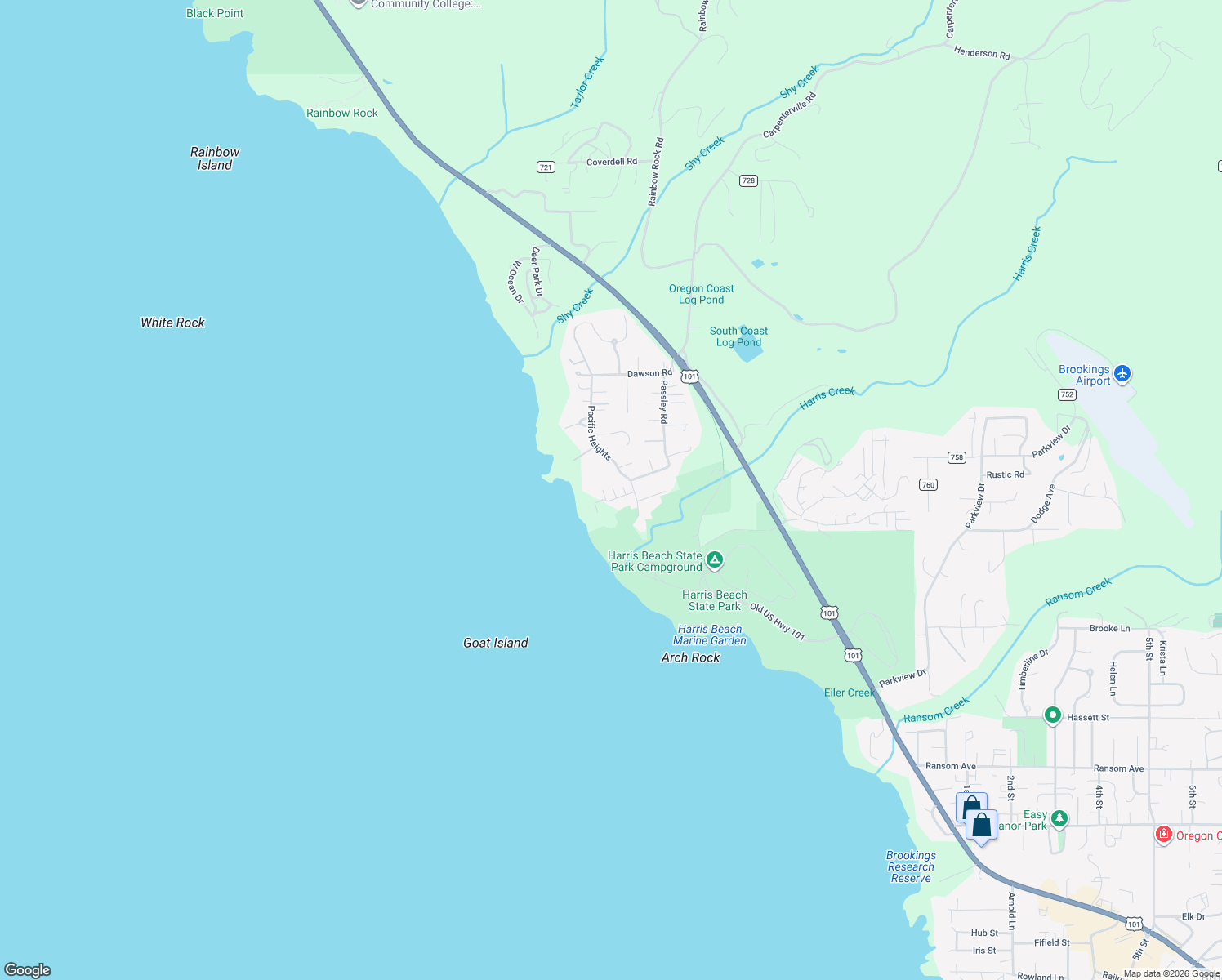 map of restaurants, bars, coffee shops, grocery stores, and more near 96448 Shorewood Terrace in Brookings