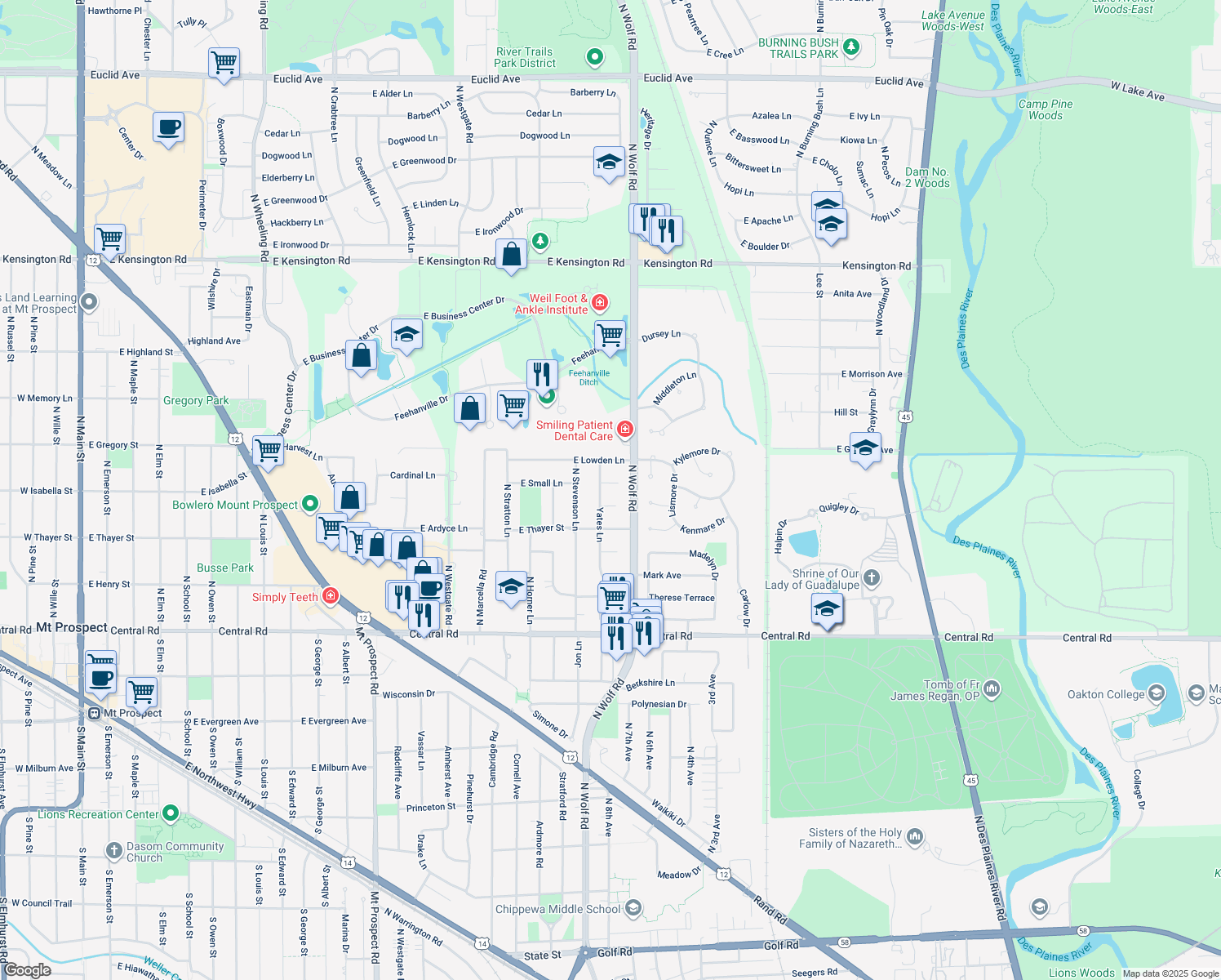 map of restaurants, bars, coffee shops, grocery stores, and more near 1511 Jeffrey Drive in Mount Prospect