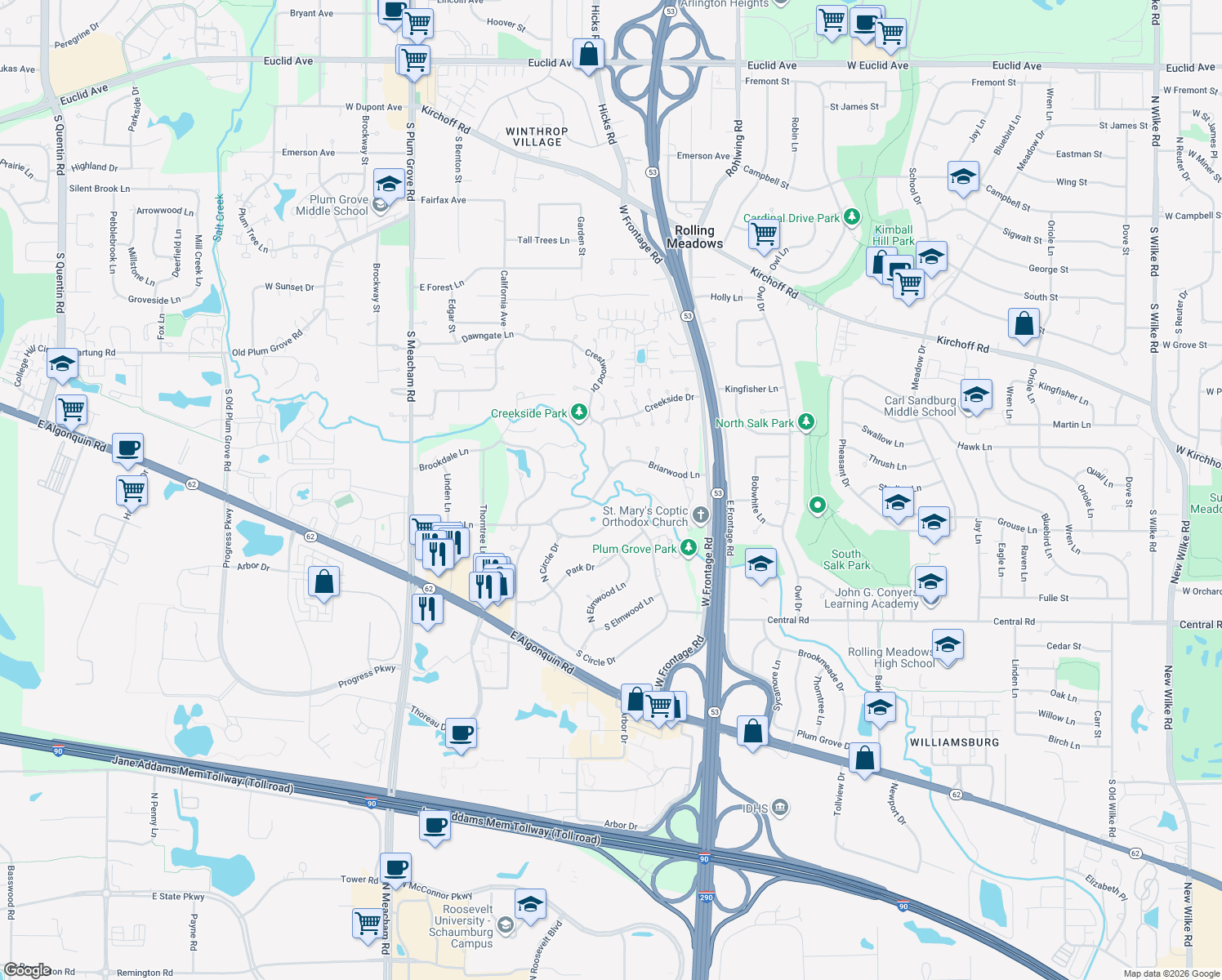 map of restaurants, bars, coffee shops, grocery stores, and more near 309 Briarwood Lane in Palatine