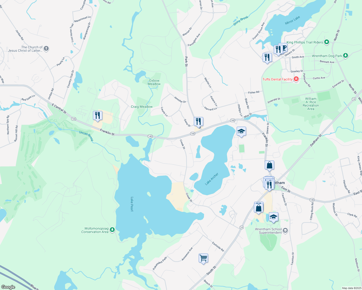 map of restaurants, bars, coffee shops, grocery stores, and more near 481 Creek Street in Wrentham
