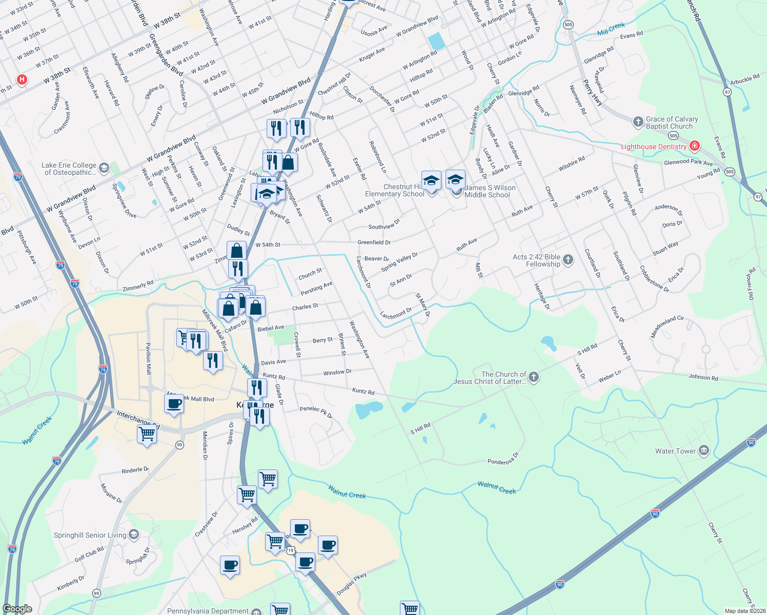map of restaurants, bars, coffee shops, grocery stores, and more near 5713 Larchmont Dr in Erie