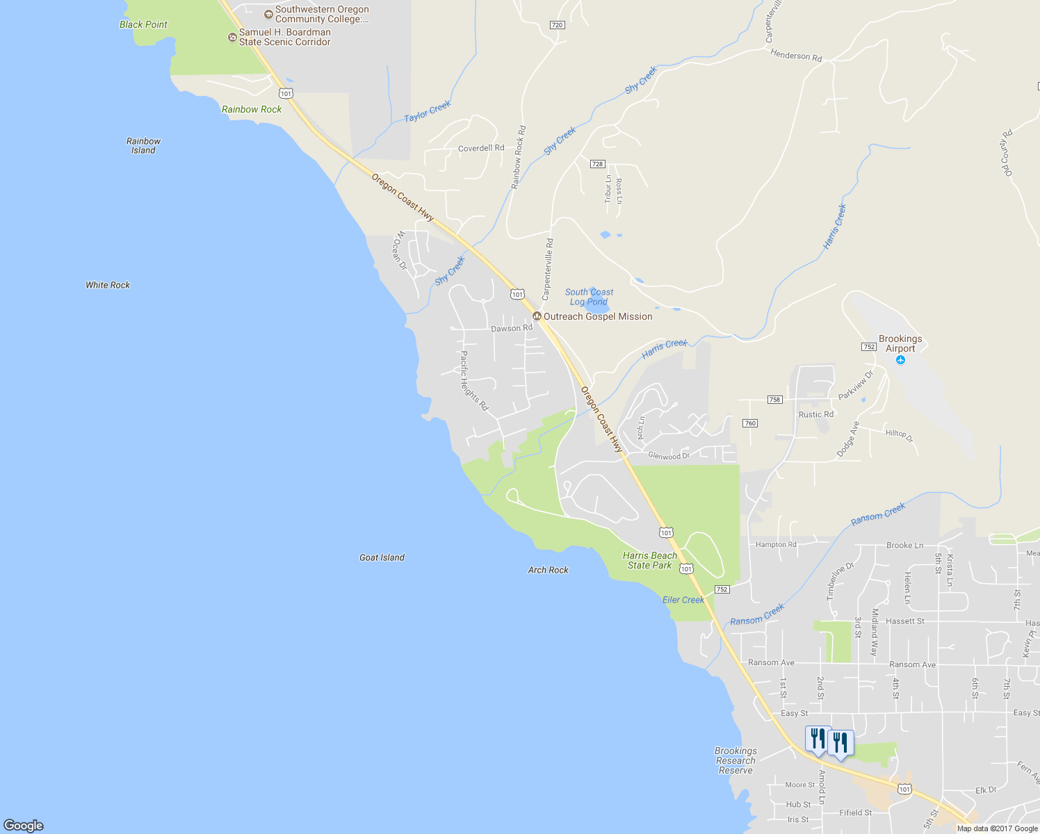 map of restaurants, bars, coffee shops, grocery stores, and more near 96506 Ocean Park Court in Brookings