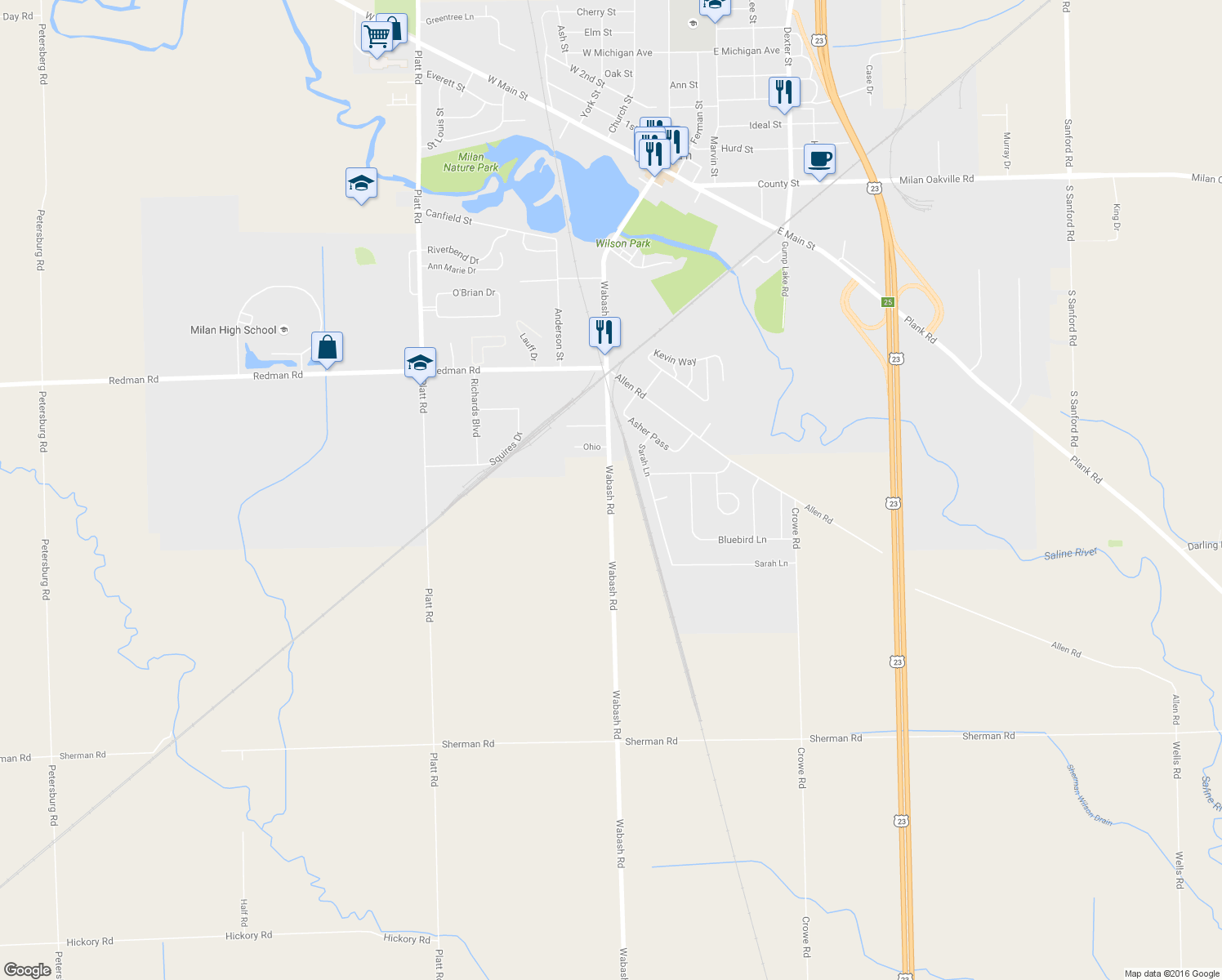 map of restaurants, bars, coffee shops, grocery stores, and more near 13460 Wabash Road in Milan