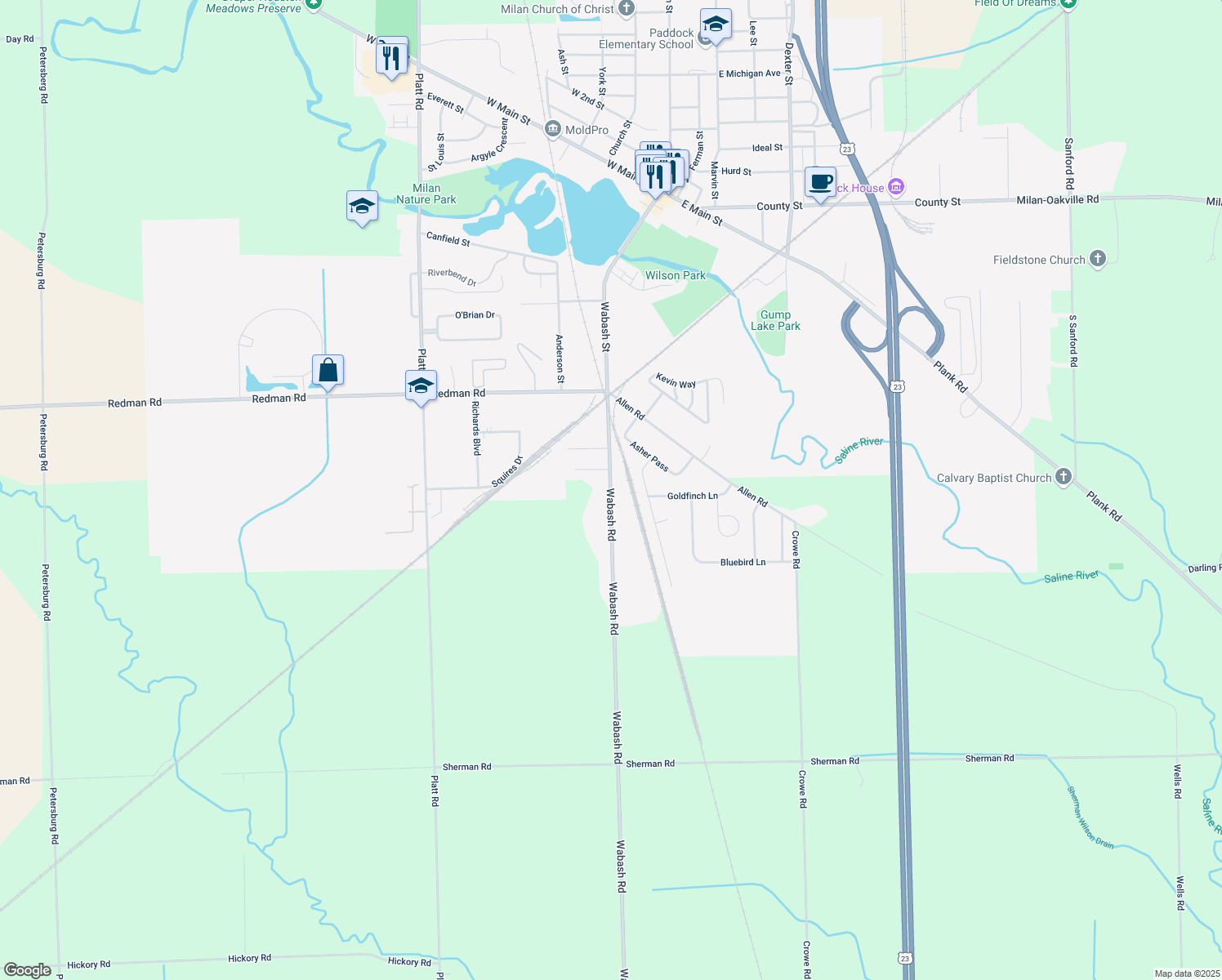 map of restaurants, bars, coffee shops, grocery stores, and more near 13870 Wabash Road in Milan