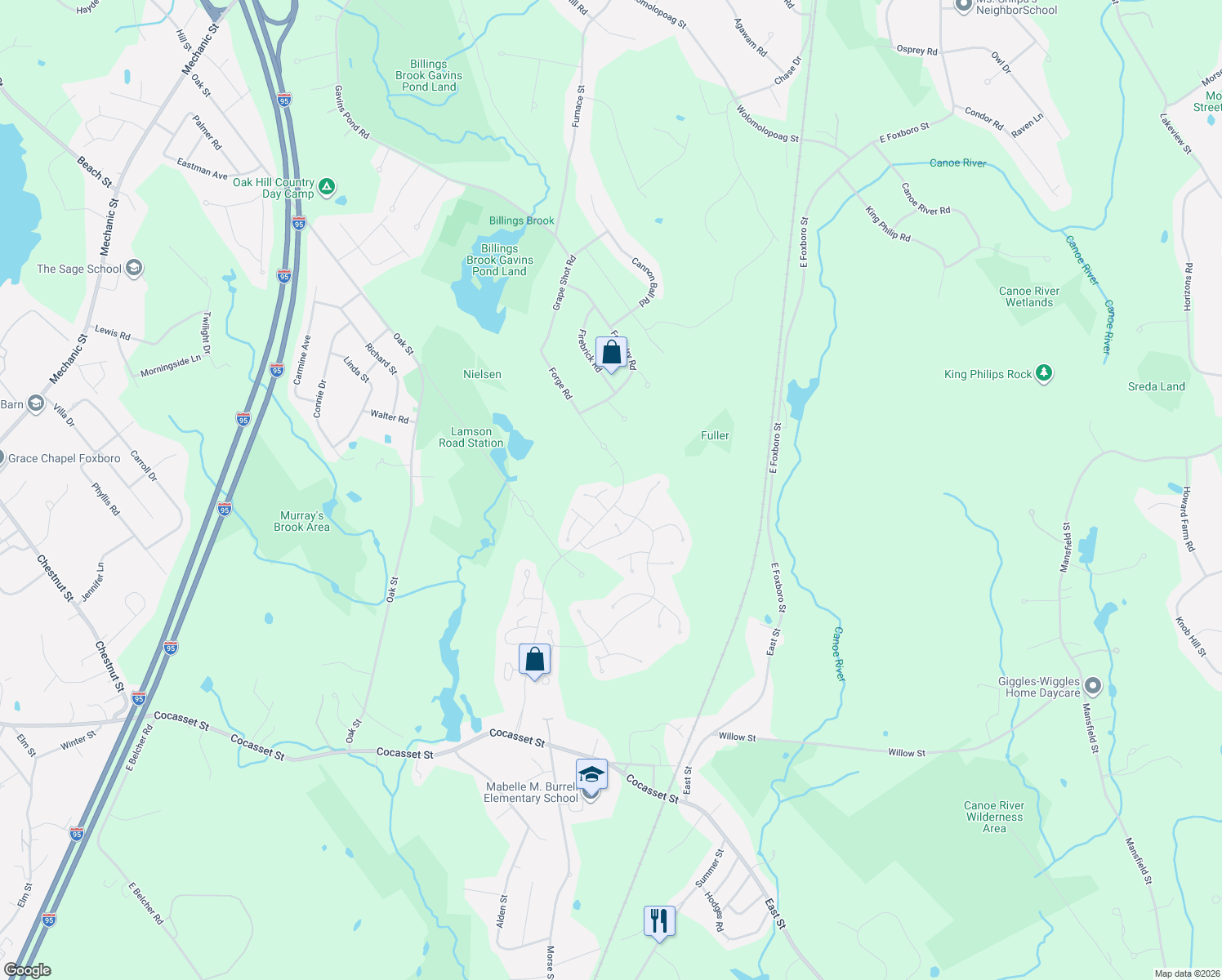 map of restaurants, bars, coffee shops, grocery stores, and more near 6 Bradshaw Lane in Foxborough