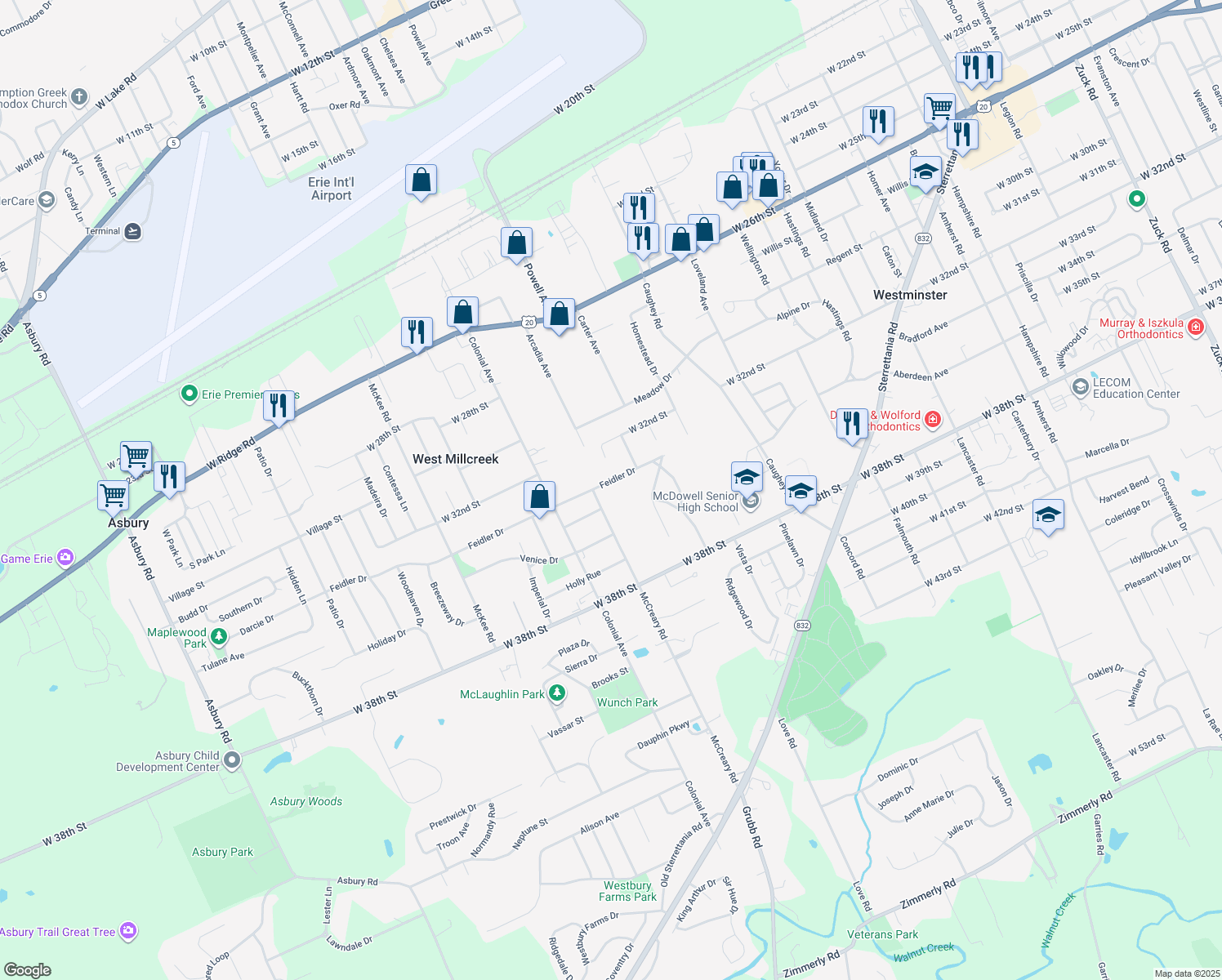 map of restaurants, bars, coffee shops, grocery stores, and more near 3841 Feidler Dr in Erie