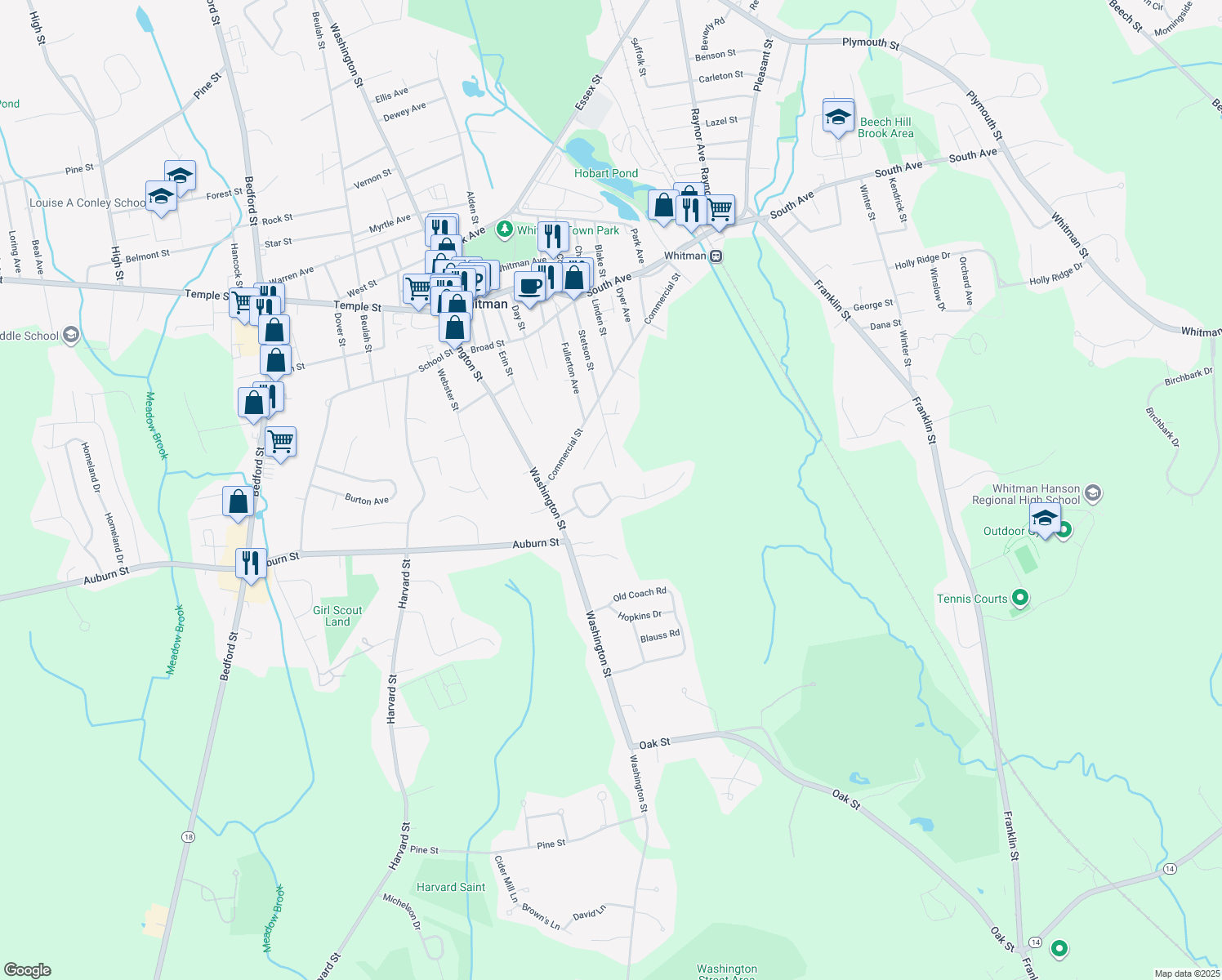 map of restaurants, bars, coffee shops, grocery stores, and more near 3 Freedom Lane in Whitman
