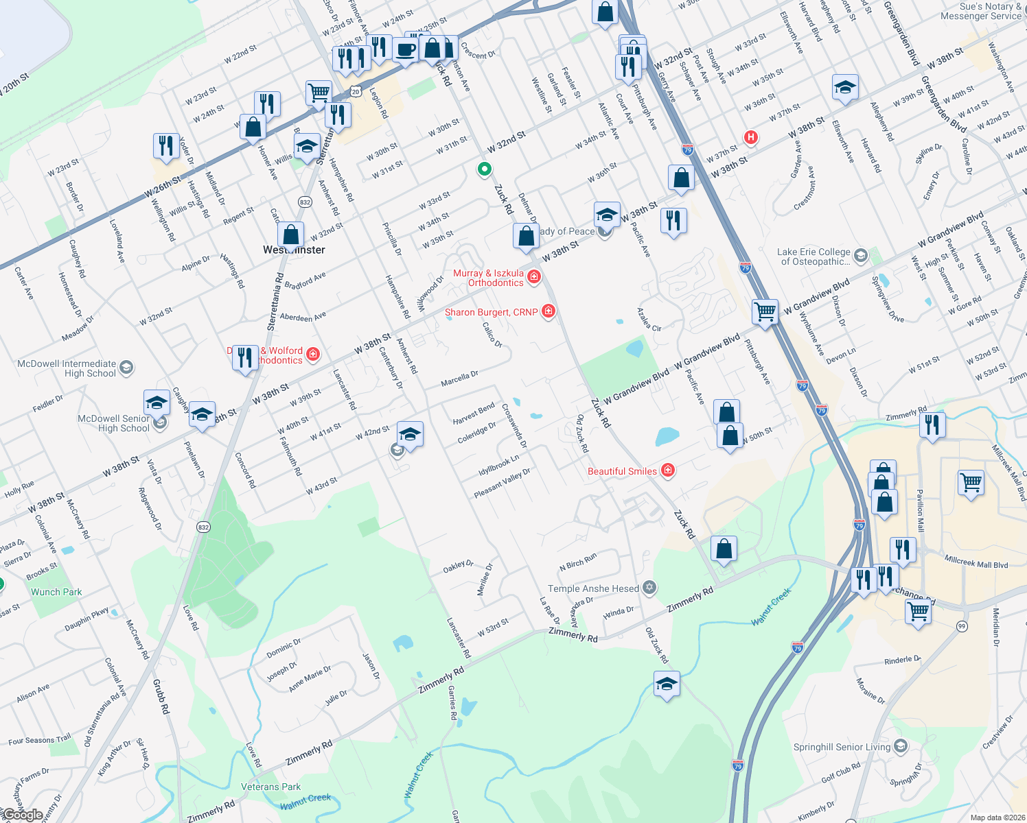map of restaurants, bars, coffee shops, grocery stores, and more near 4327 Crosswinds Dr in Erie
