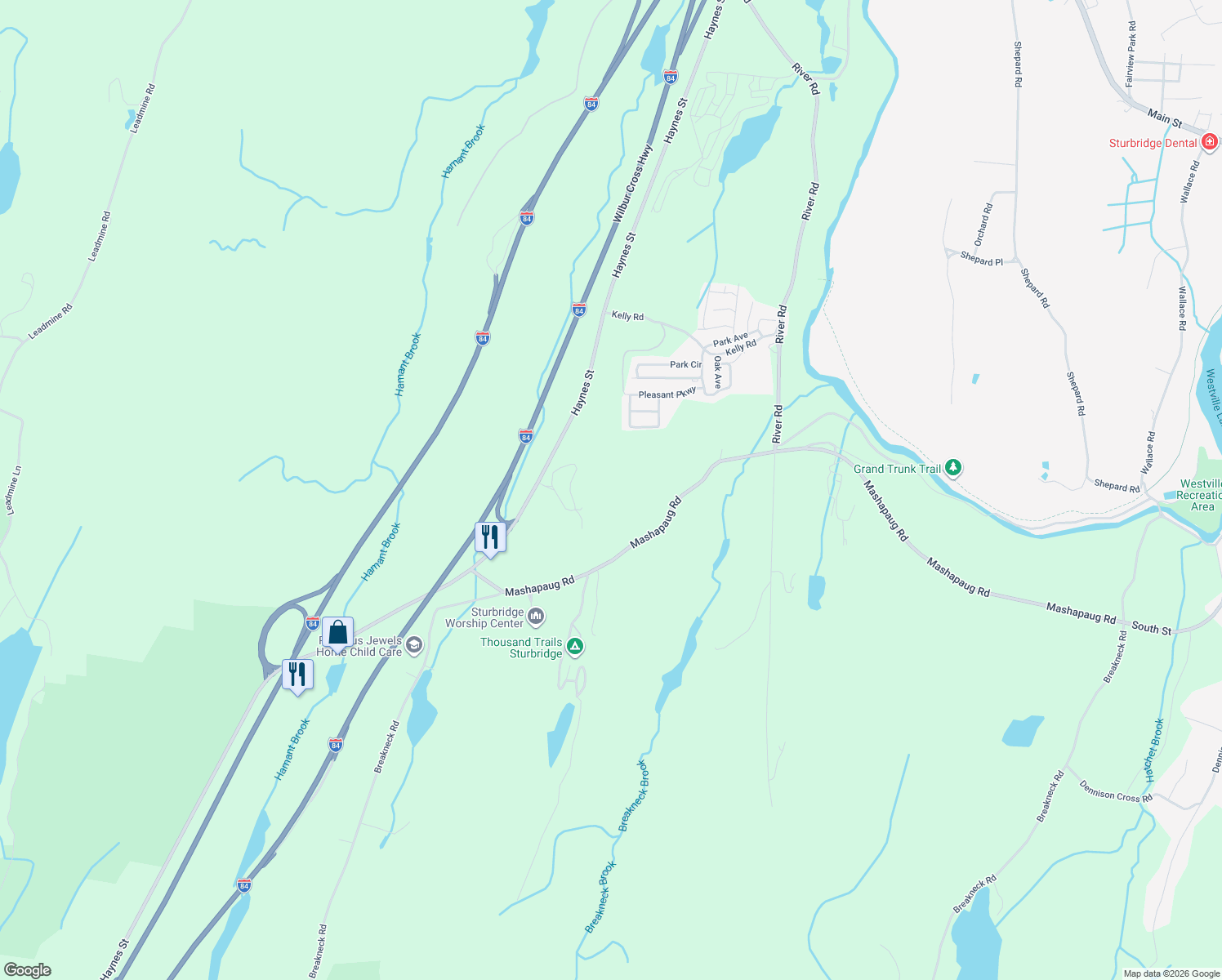 map of restaurants, bars, coffee shops, grocery stores, and more near 30 Mashapaug Road in Sturbridge