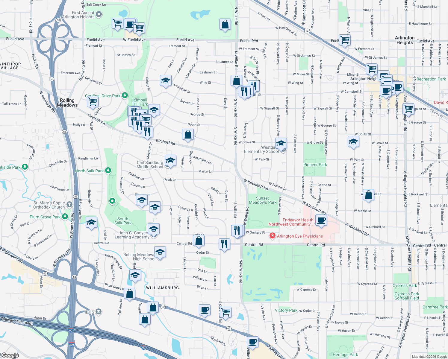 map of restaurants, bars, coffee shops, grocery stores, and more near 2006 Hawk Ct in Rolling Meadows