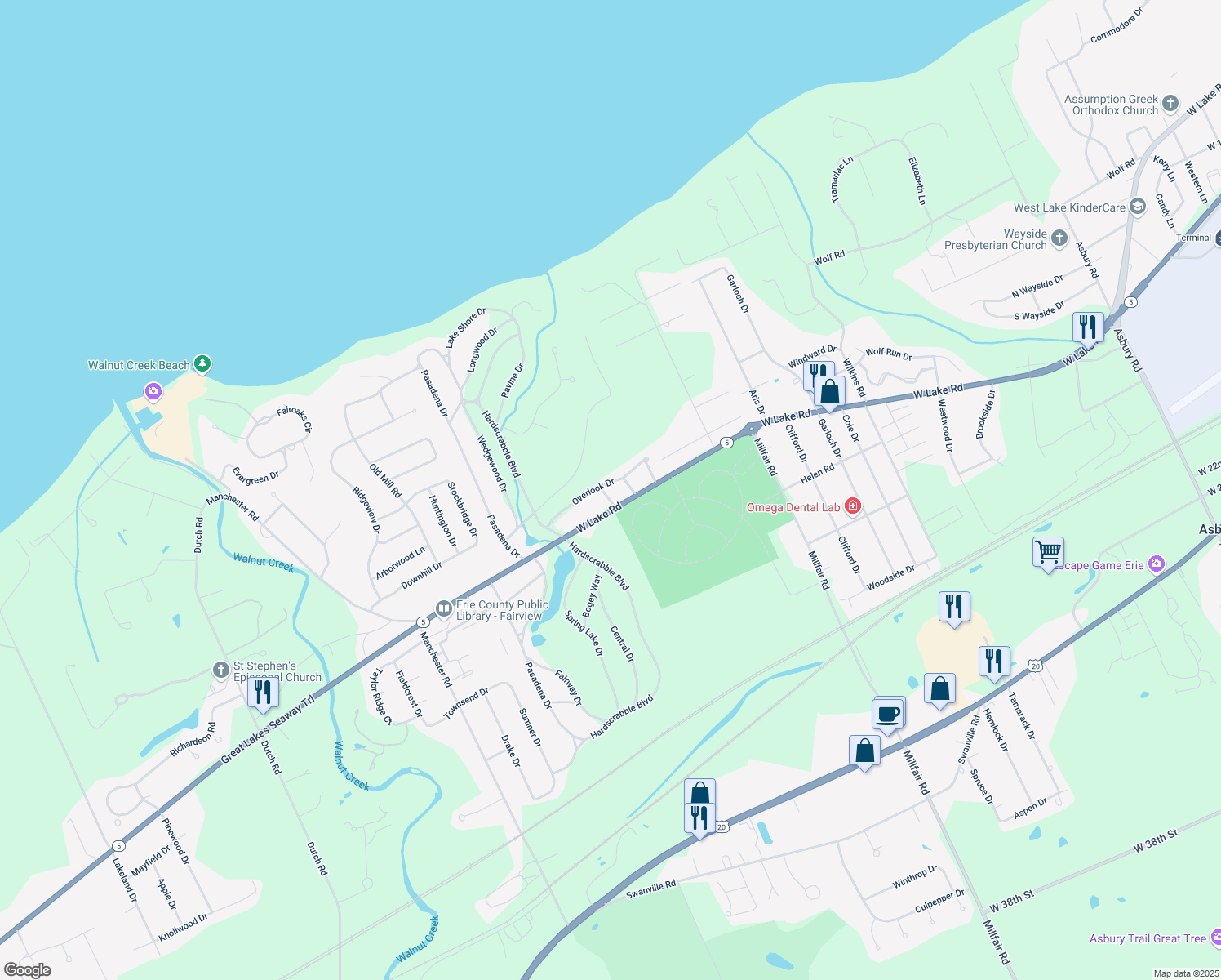 map of restaurants, bars, coffee shops, grocery stores, and more near 5909 Overlook Dr in Erie