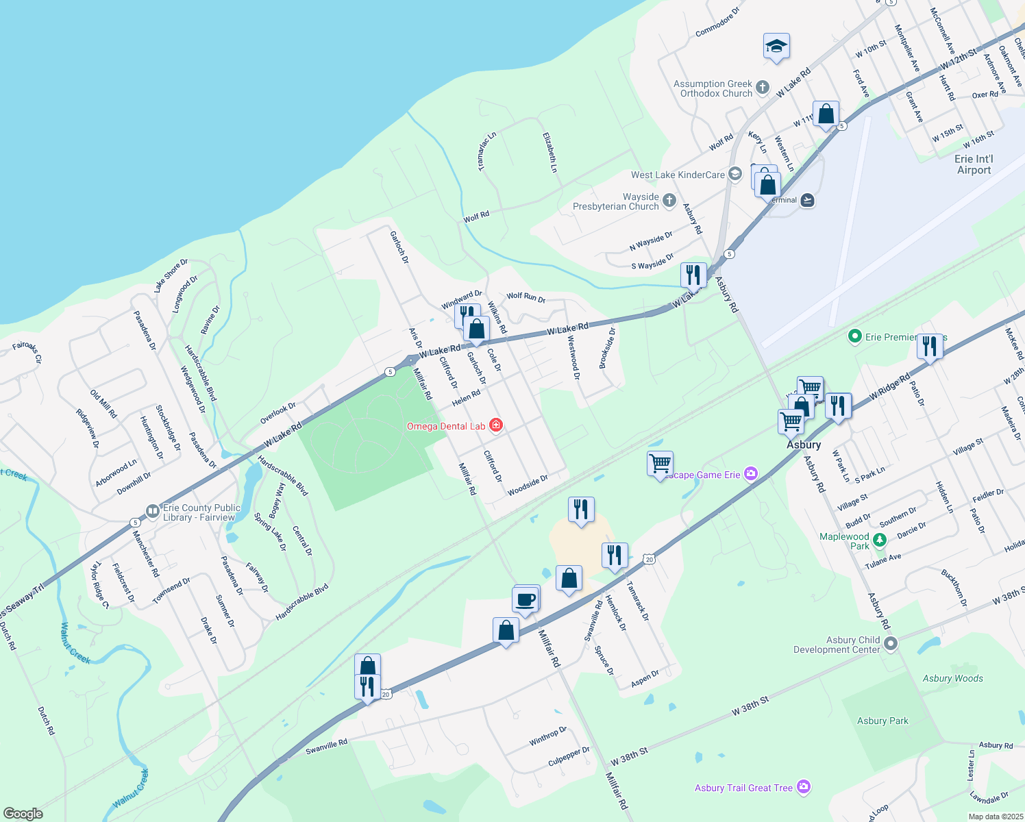 map of restaurants, bars, coffee shops, grocery stores, and more near 1750 Cole Dr in Erie