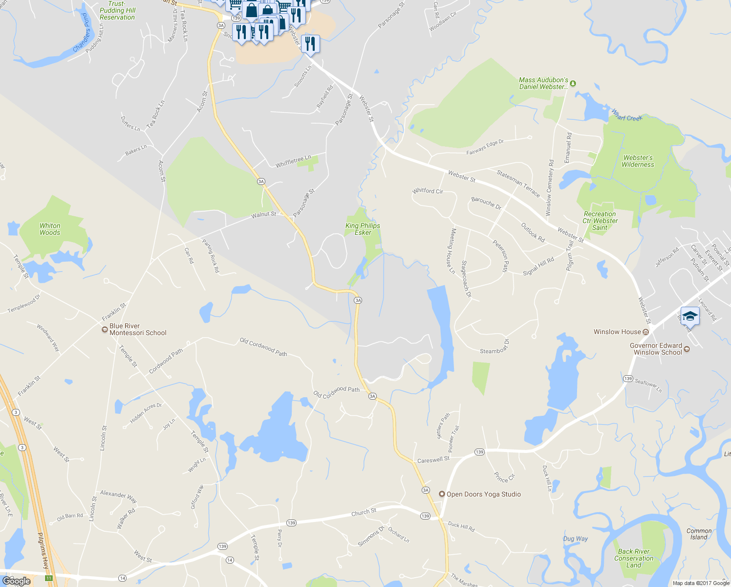 map of restaurants, bars, coffee shops, grocery stores, and more near 236 Moraine Street in Marshfield