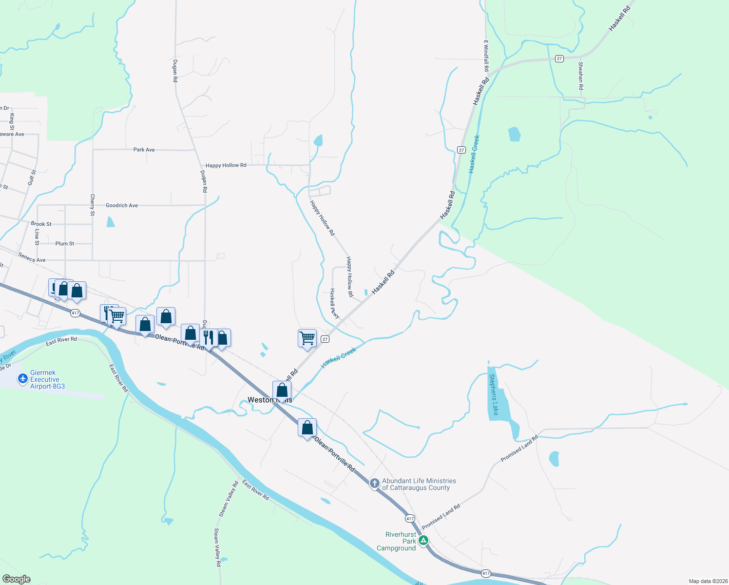 map of restaurants, bars, coffee shops, grocery stores, and more near 1687 Haskell Road in Olean
