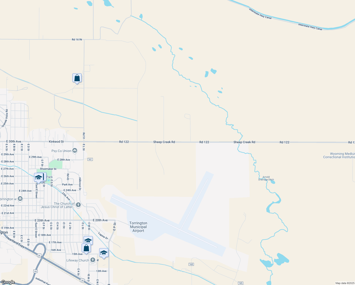 map of restaurants, bars, coffee shops, grocery stores, and more near County Road 72 in Torrington