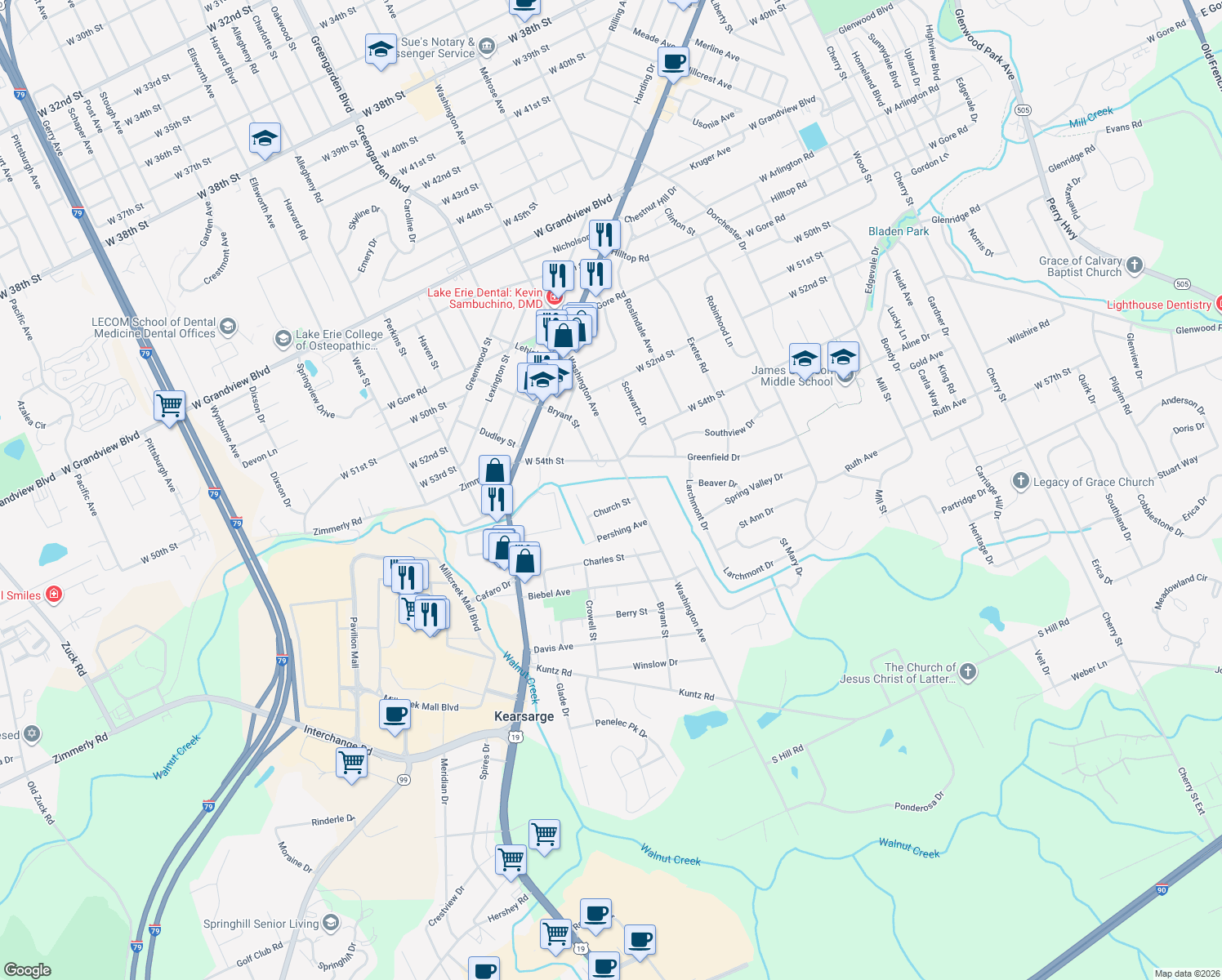 map of restaurants, bars, coffee shops, grocery stores, and more near 5440 Washington Ave in Erie