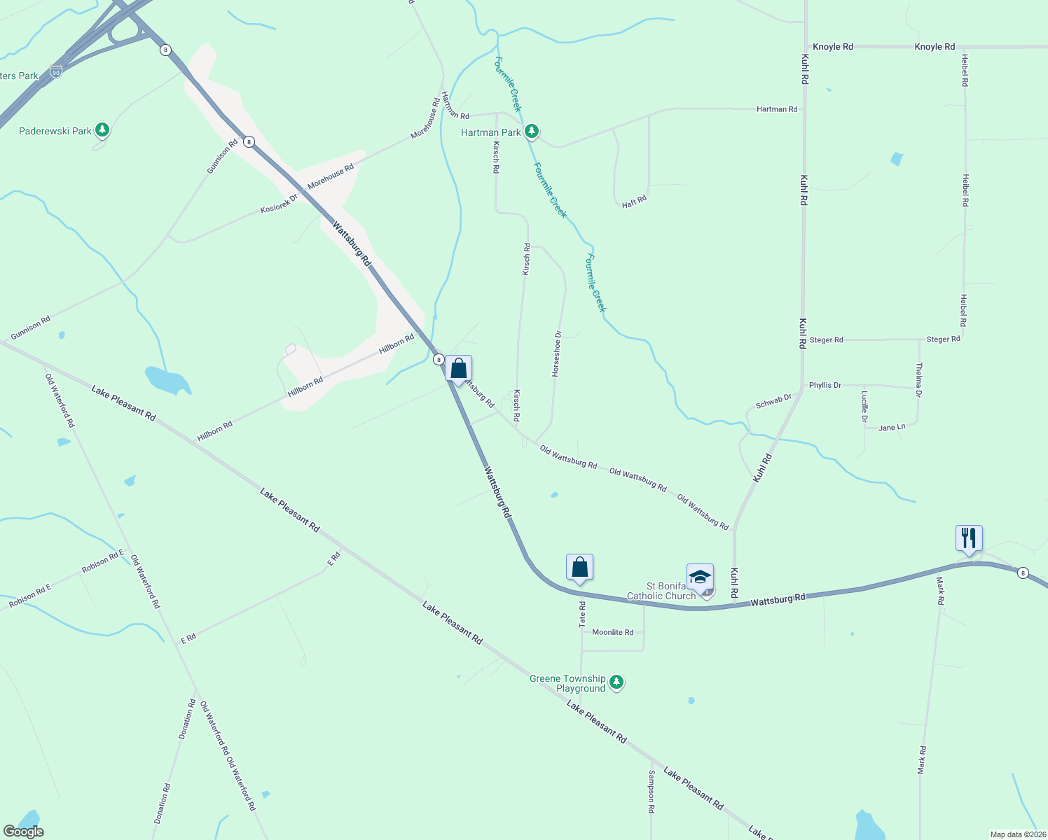 map of restaurants, bars, coffee shops, grocery stores, and more near 8991 Kirsch Rd in Erie