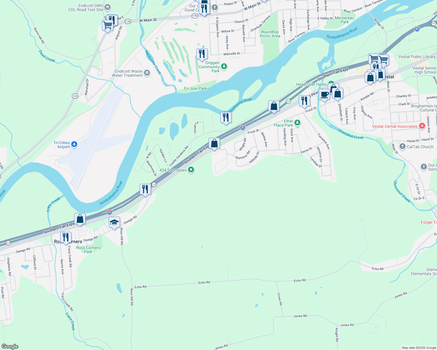 map of restaurants, bars, coffee shops, grocery stores, and more near 1621 Parkwood Rd in Vestal
