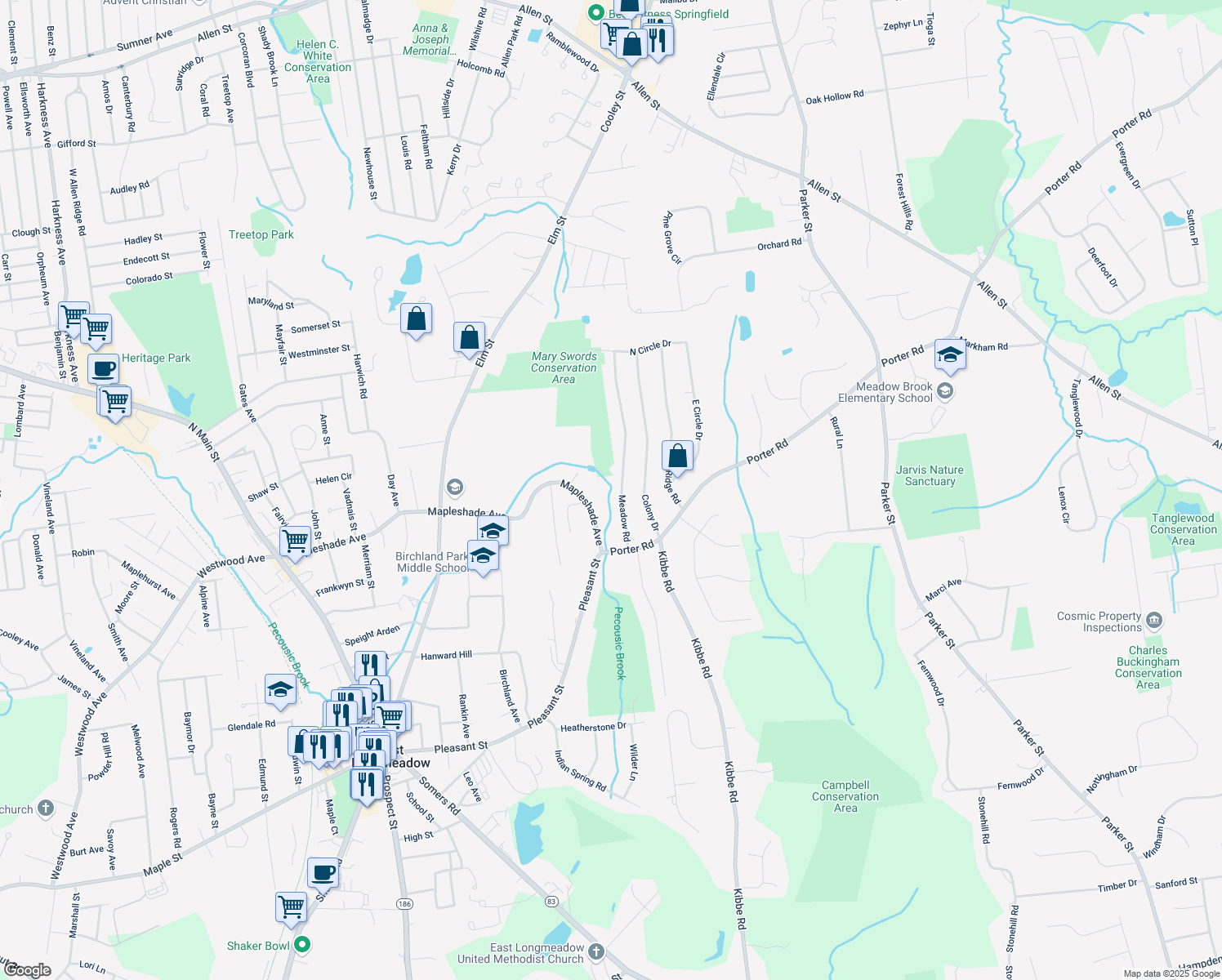 map of restaurants, bars, coffee shops, grocery stores, and more near 44 Meadow Rd in East Longmeadow