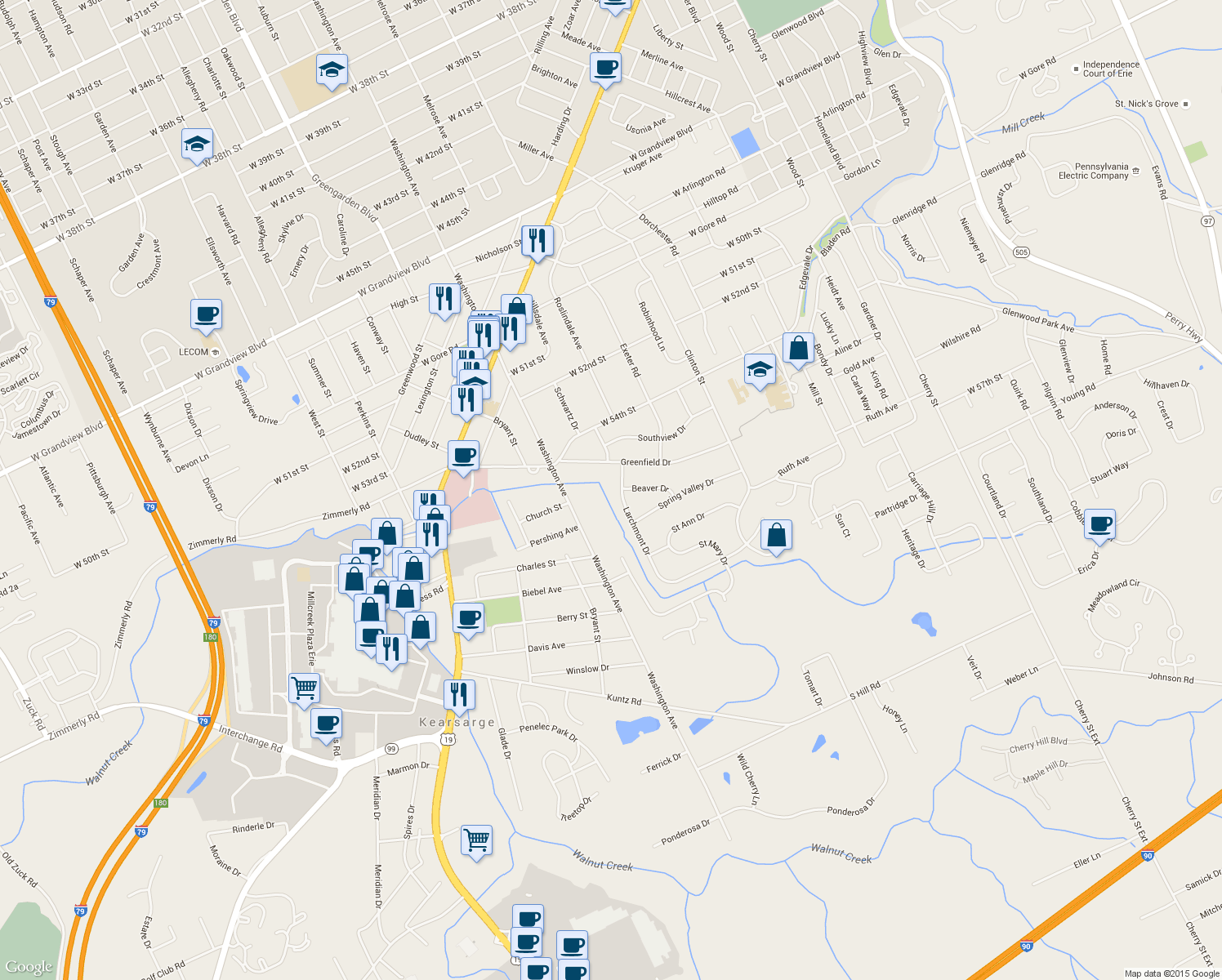 map of restaurants, bars, coffee shops, grocery stores, and more near 5536 Larchmont Dr in Erie
