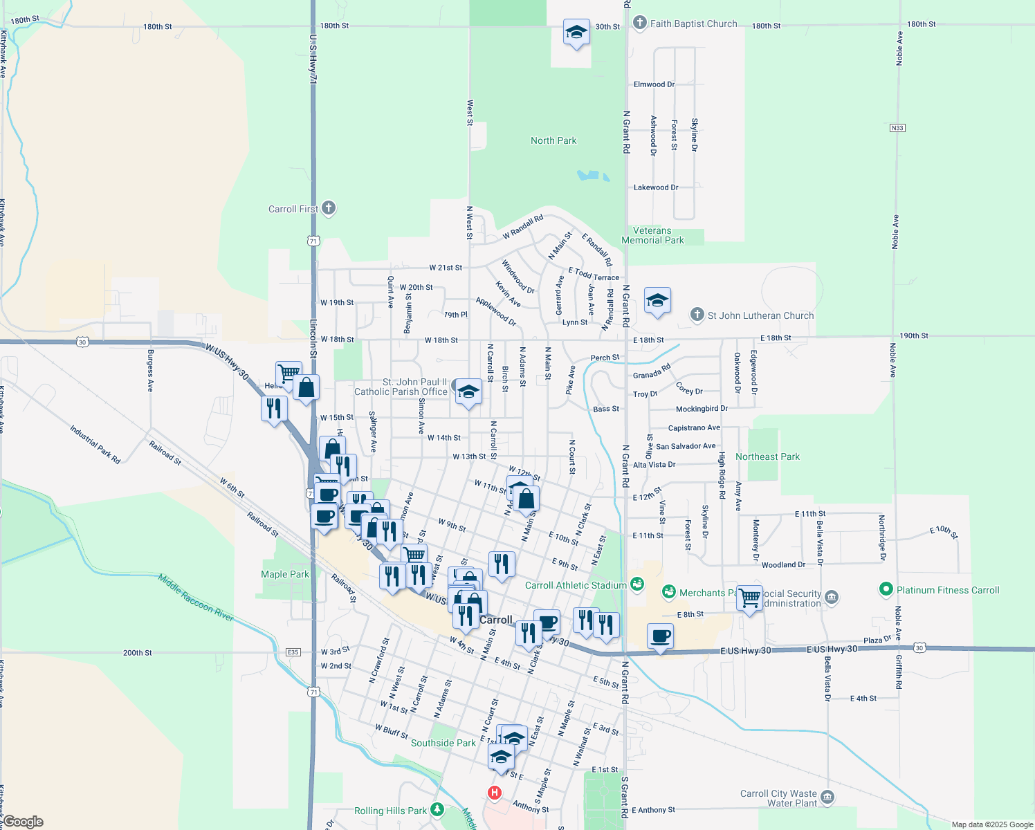 map of restaurants, bars, coffee shops, grocery stores, and more near 1505 North Adams Street in Carroll