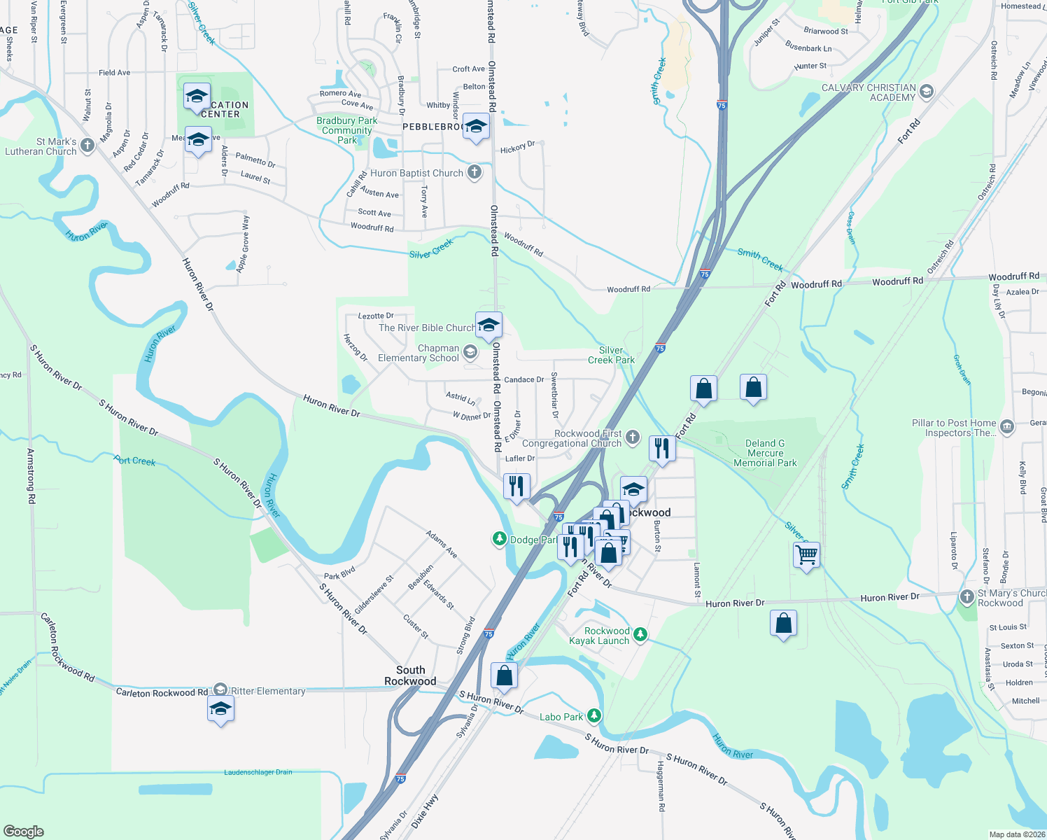 map of restaurants, bars, coffee shops, grocery stores, and more near 31757 East Ditner Drive in Rockwood