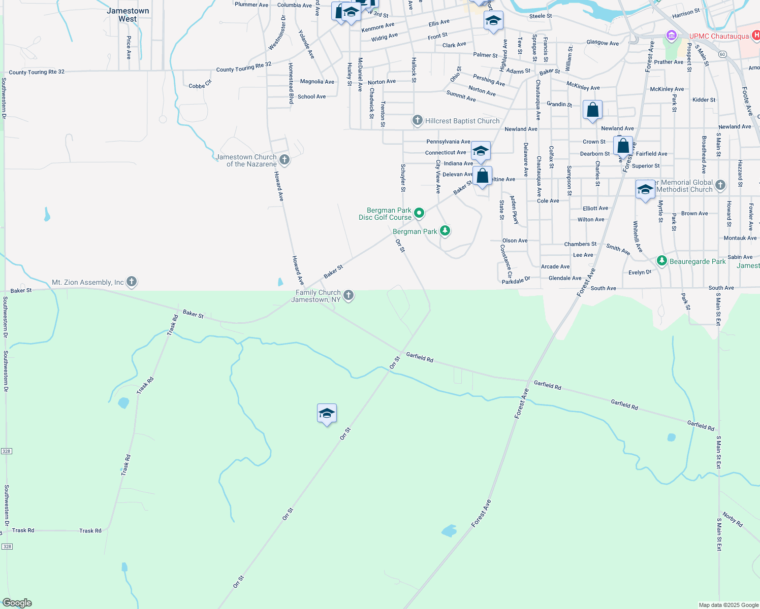map of restaurants, bars, coffee shops, grocery stores, and more near 1741 Parkmeadow Drive in Jamestown