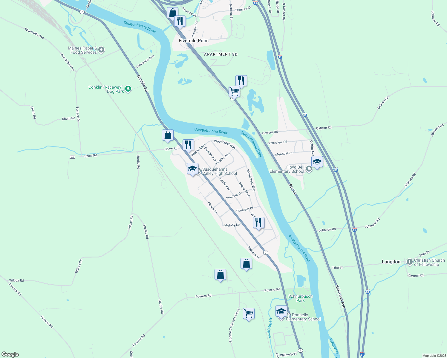 map of restaurants, bars, coffee shops, grocery stores, and more near 2 Munson St in Conklin