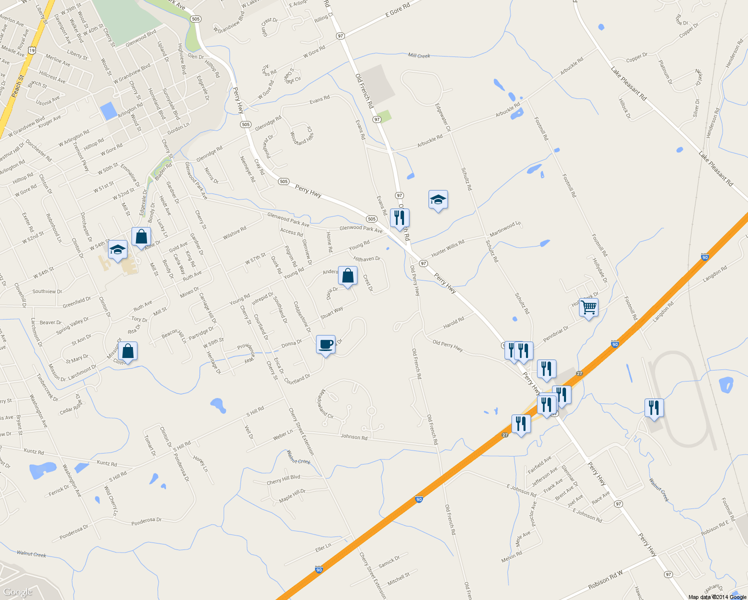 map of restaurants, bars, coffee shops, grocery stores, and more near 131 Parkview Dr in Erie