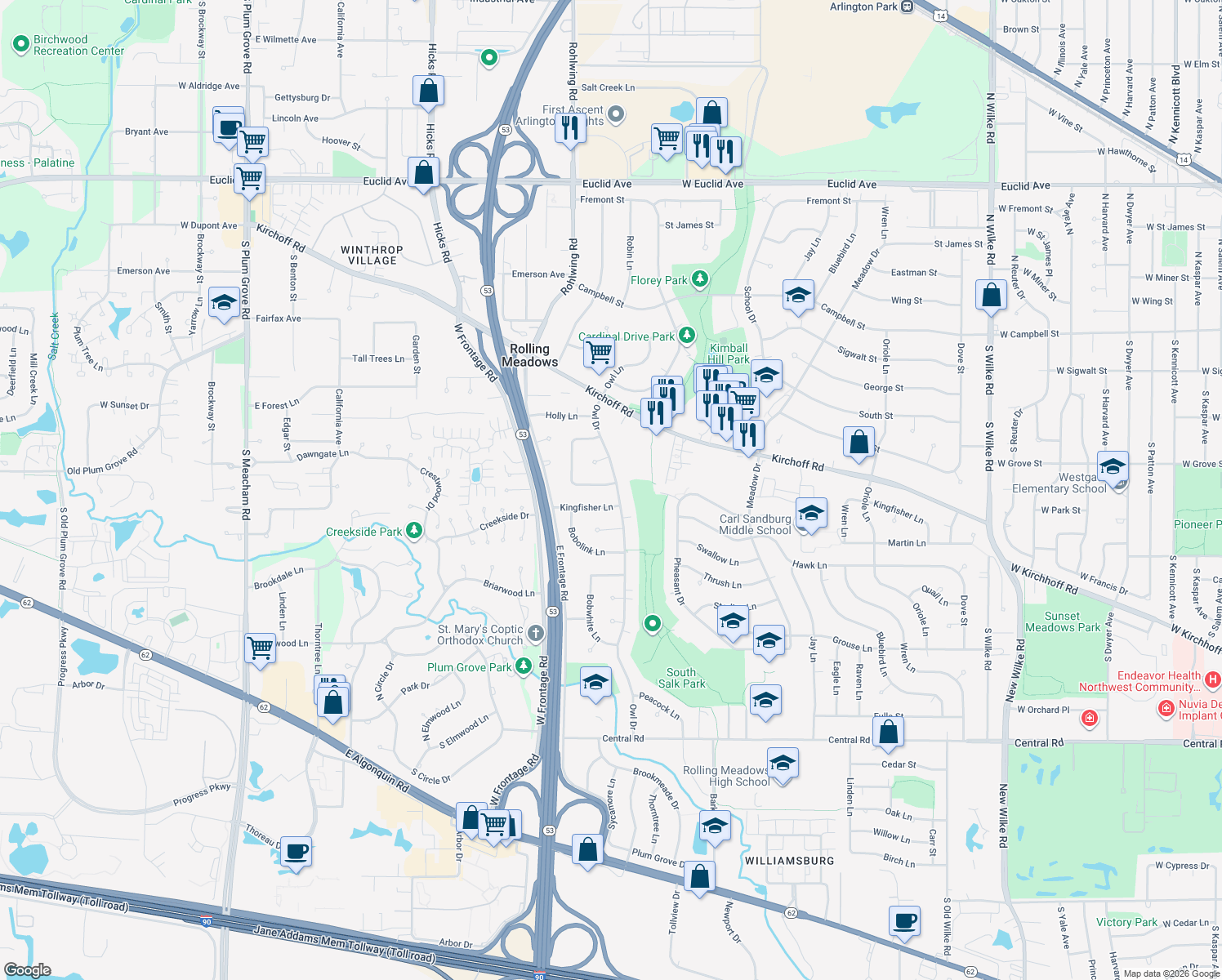 map of restaurants, bars, coffee shops, grocery stores, and more near 3501 Falcon Court South in Rolling Meadows