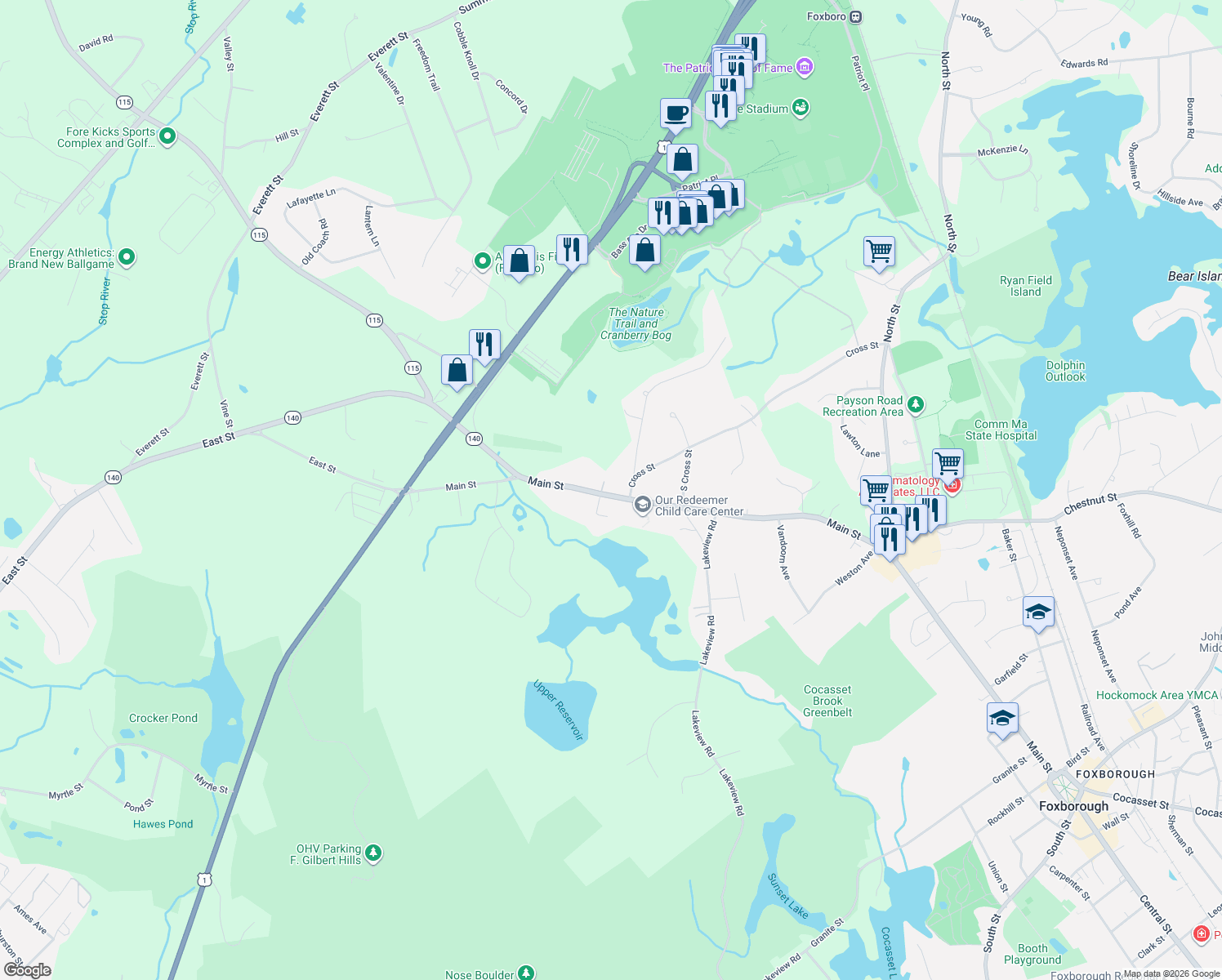 map of restaurants, bars, coffee shops, grocery stores, and more near 225 Main Street in Foxborough