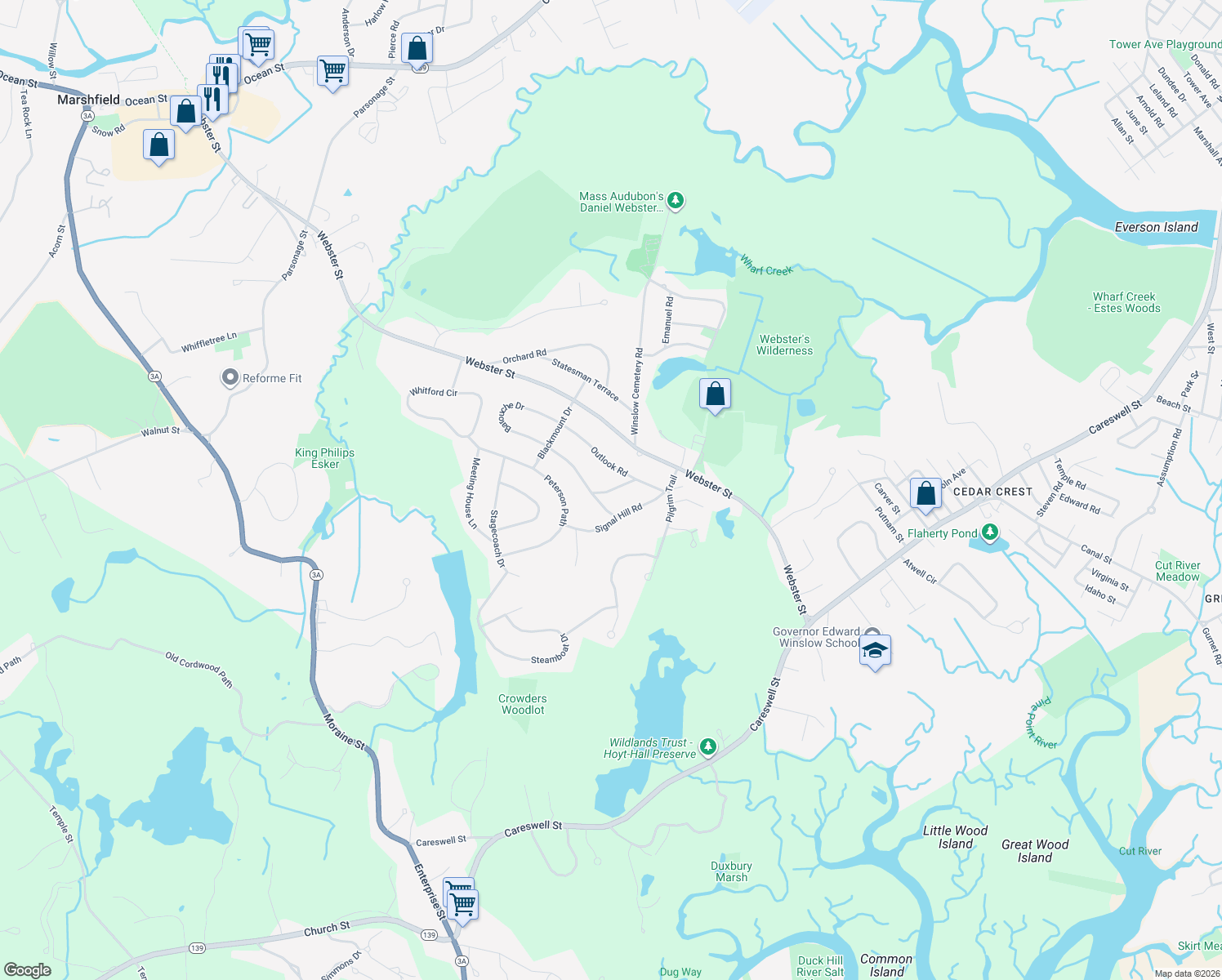 map of restaurants, bars, coffee shops, grocery stores, and more near 90 Observatory Waye in Marshfield