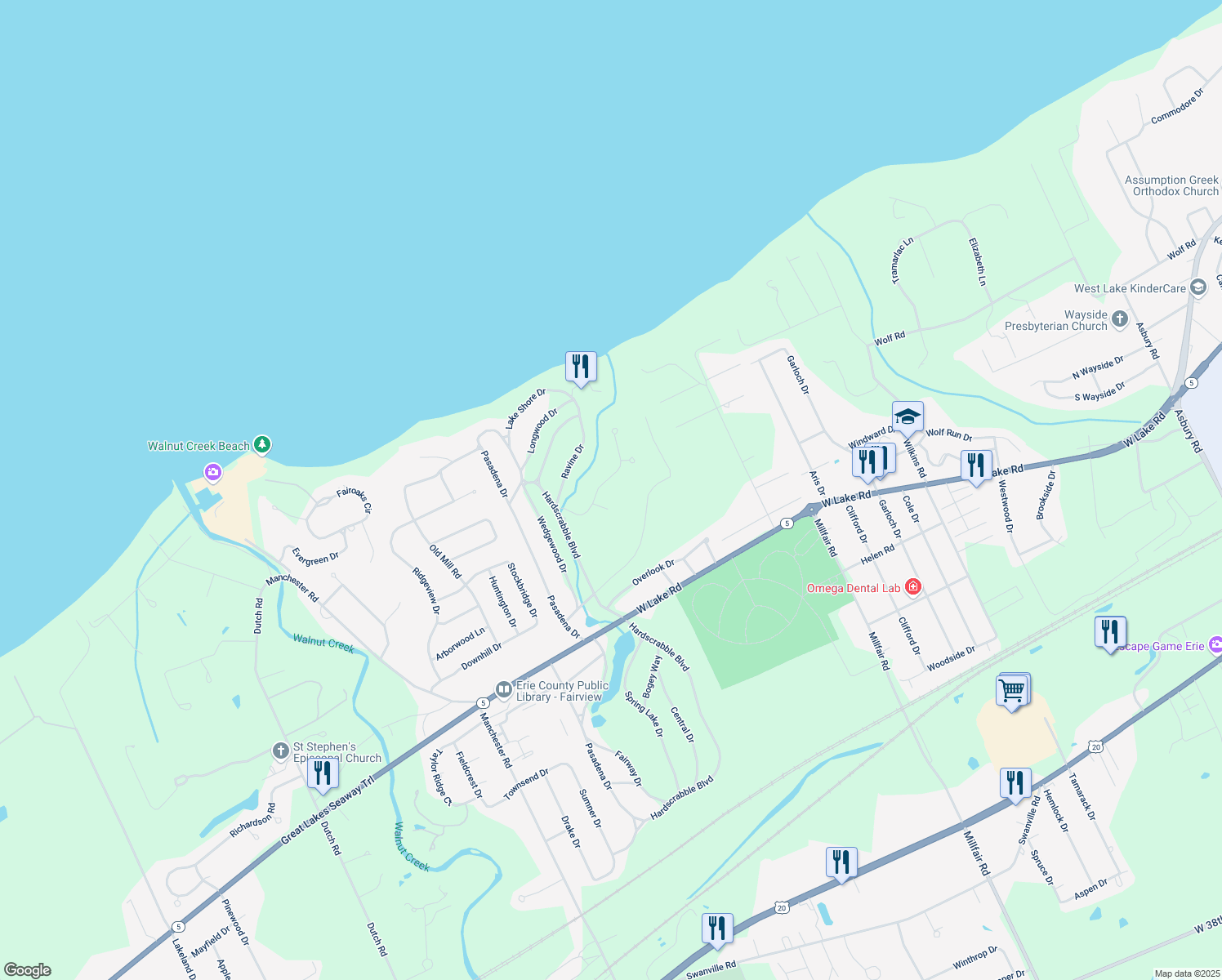 map of restaurants, bars, coffee shops, grocery stores, and more near 5999 Wyndemere Dr in Erie