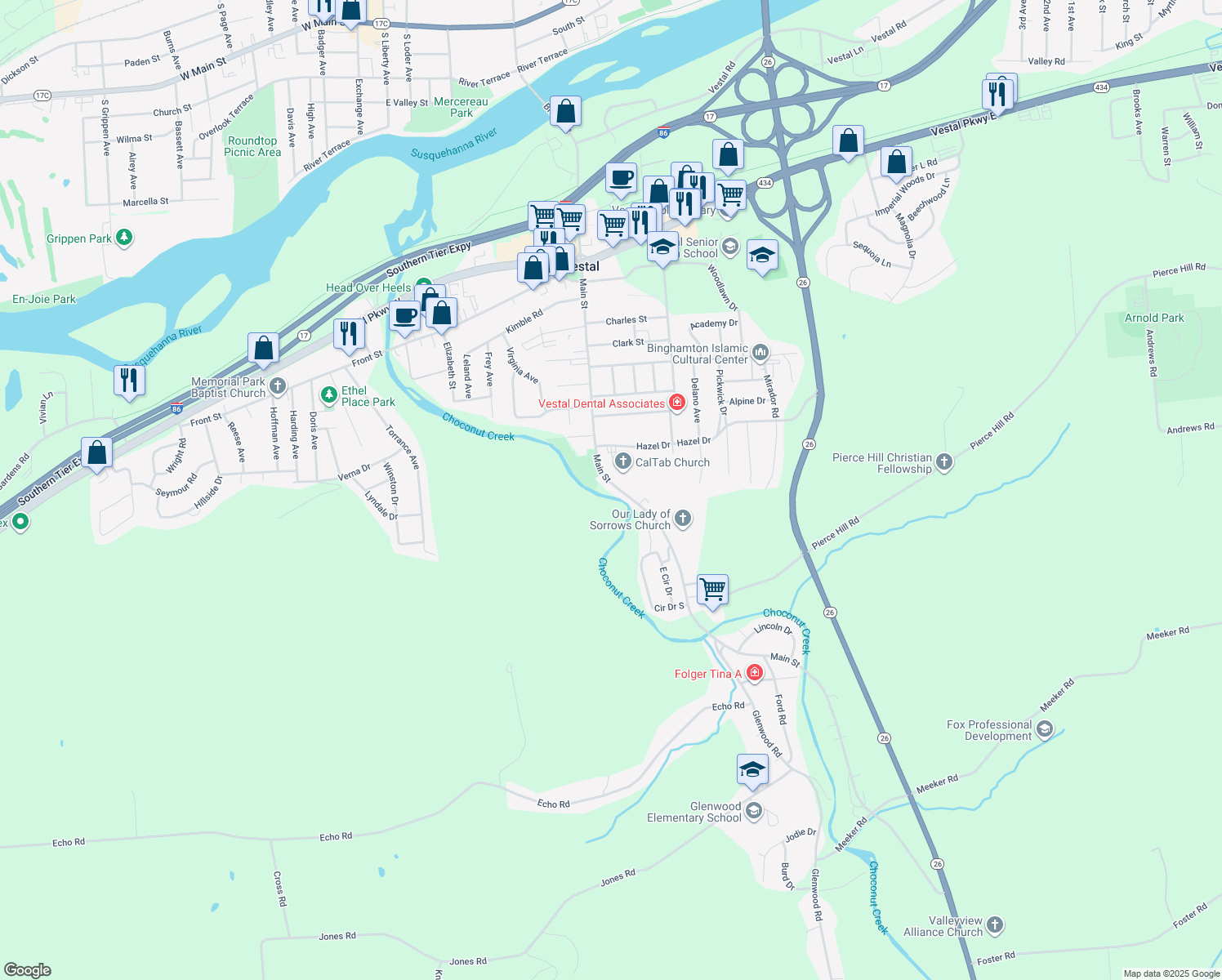 map of restaurants, bars, coffee shops, grocery stores, and more near 724 Main St in Vestal