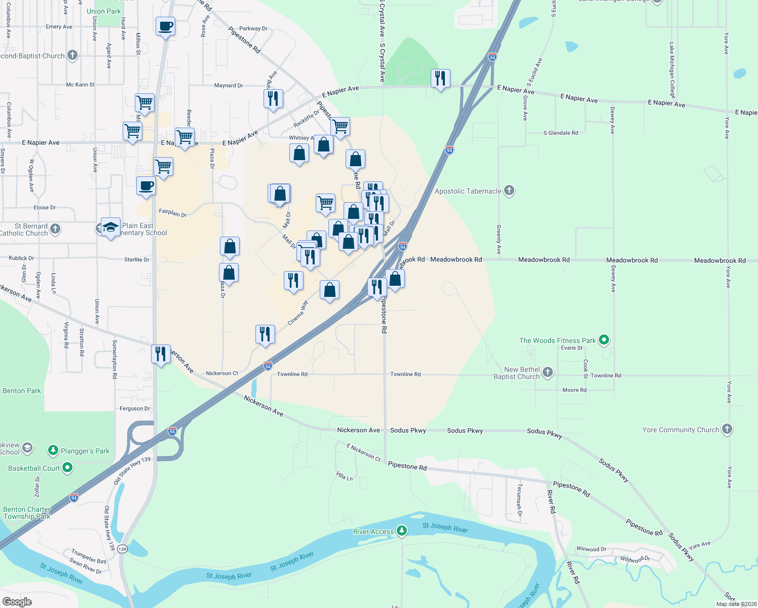 map of restaurants, bars, coffee shops, grocery stores, and more near 2254 Pipestone Rd in Benton Harbor