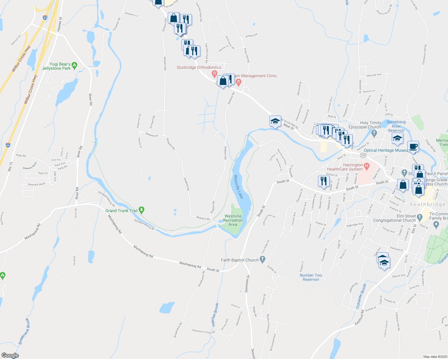 map of restaurants, bars, coffee shops, grocery stores, and more near 87 Wallace Road in Sturbridge