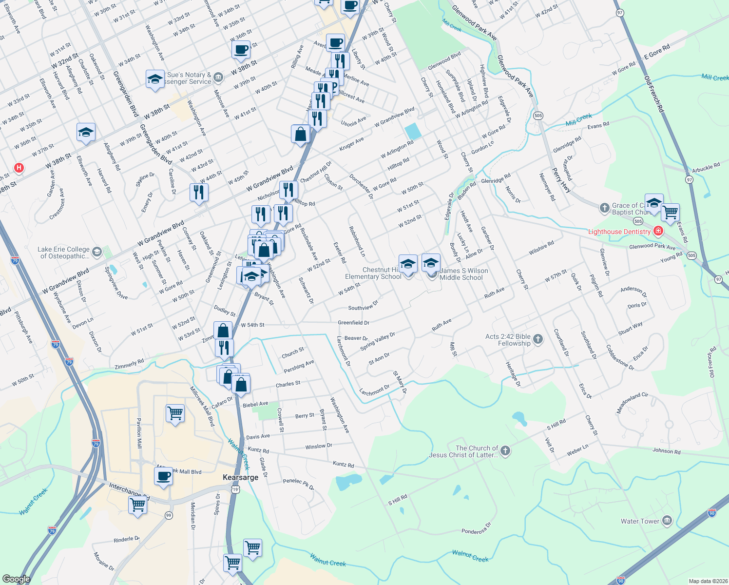 map of restaurants, bars, coffee shops, grocery stores, and more near 5419 Exeter Rd in Erie