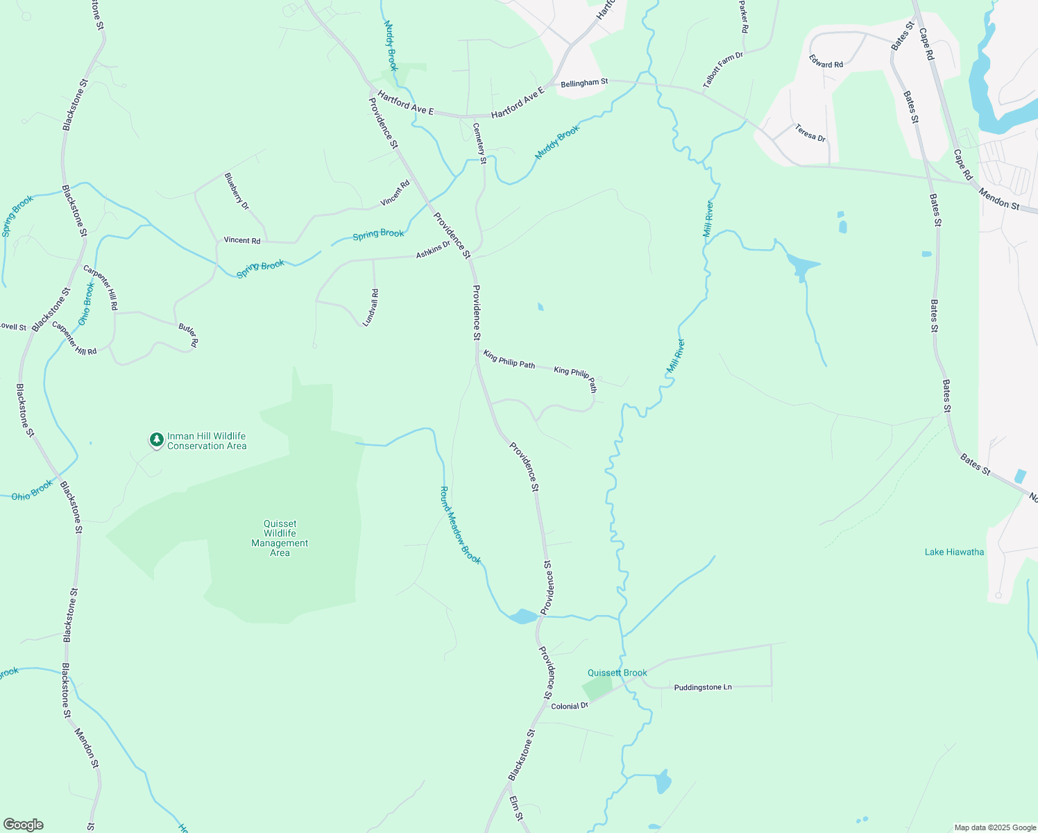 map of restaurants, bars, coffee shops, grocery stores, and more near 5 Massasoit Way in Mendon