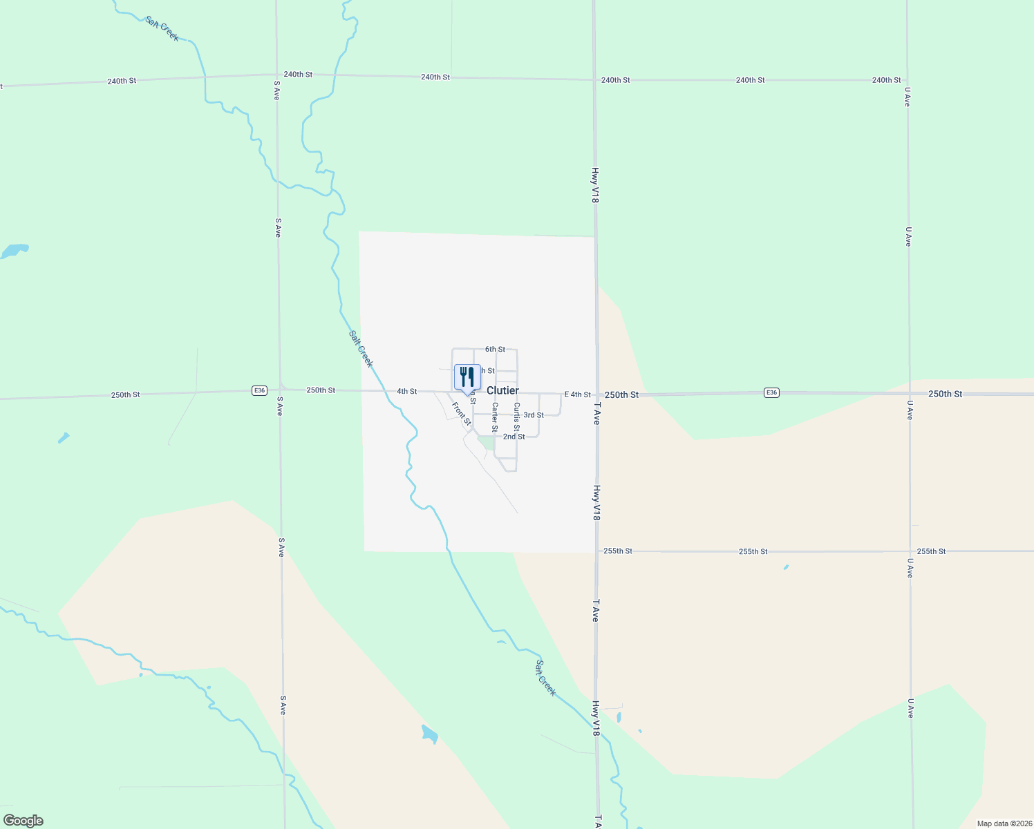 map of restaurants, bars, coffee shops, grocery stores, and more near Curtis Street in Clutier
